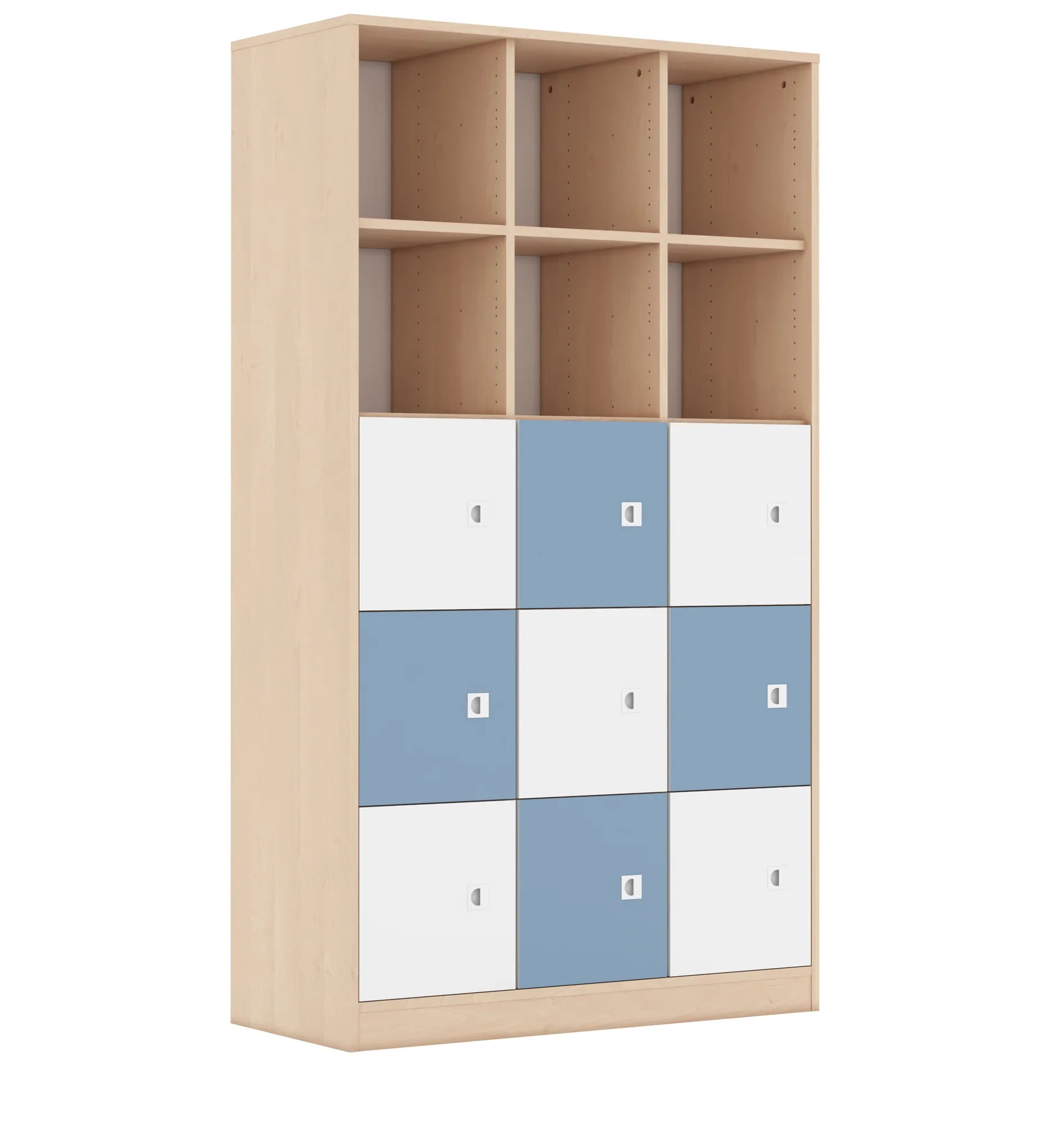 Regał BLOX 110 5PP 9F1 1049x466x1869 – brzoza / biały/pastelowy niebieski