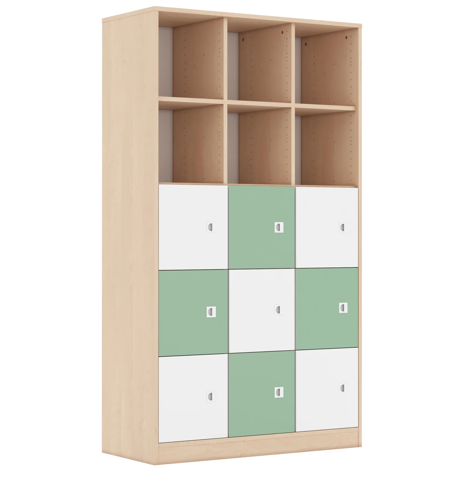 Regał BLOX 110 5PP 9F1 1049x466x1869 – brzoza / biały/pastelowy zielony