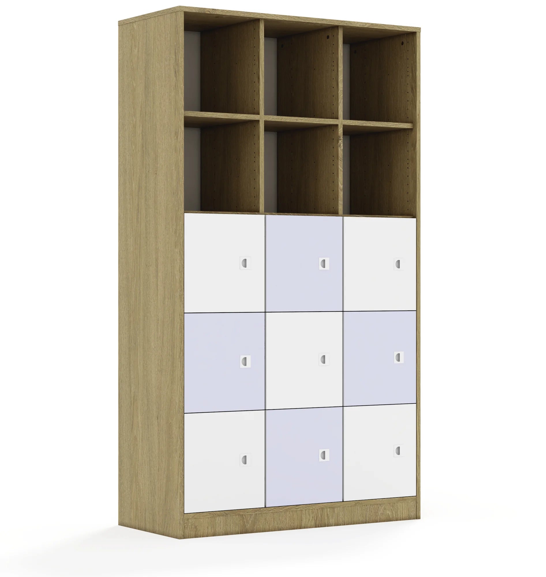 Regał BLOX 110 5PP 9F1 1049x466x1869 – dąb / biały/pastelowy fioletowy