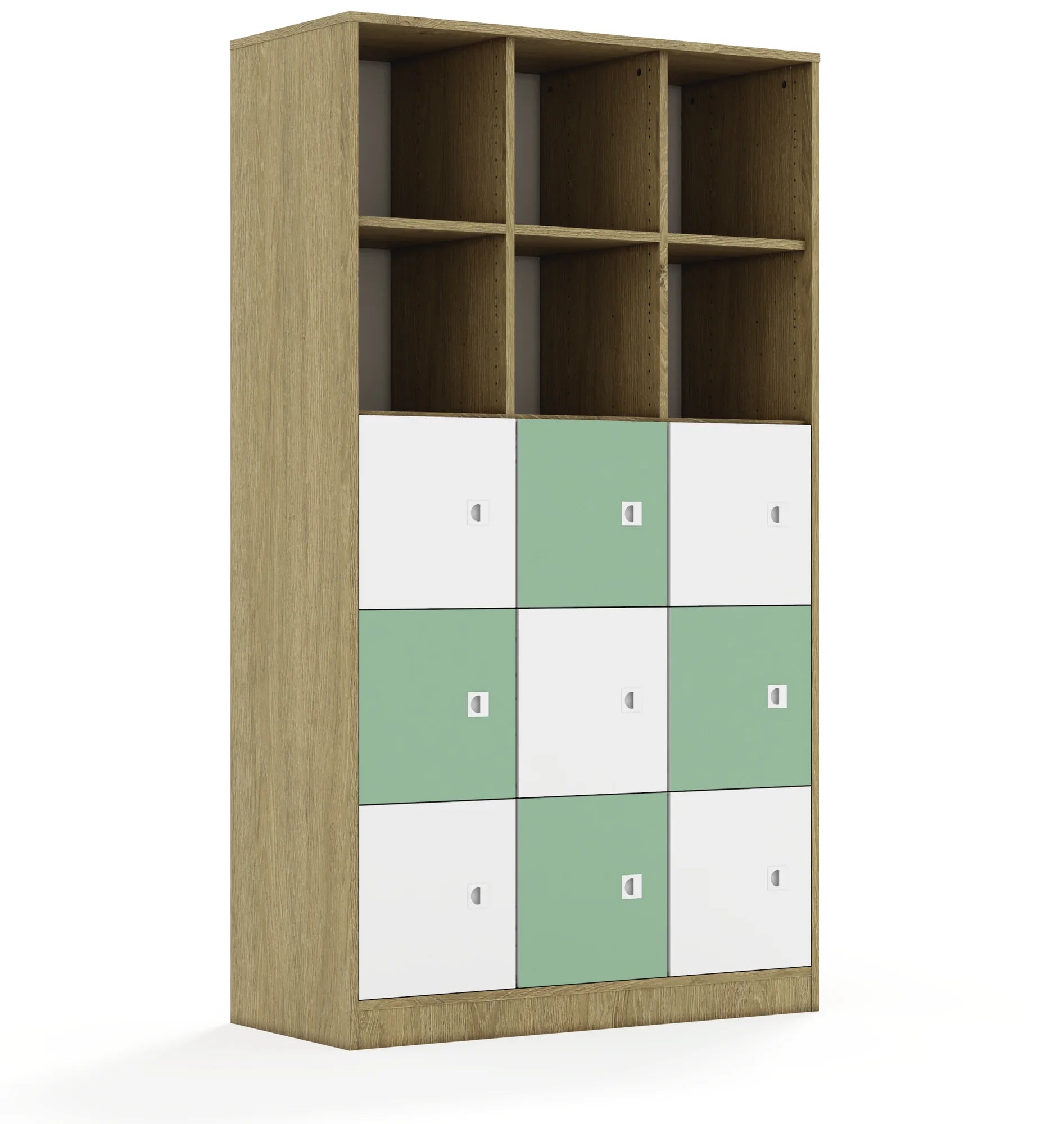 Regał BLOX 110 5PP 9F1 1049x466x1869 – dąb / biały/pastelowy zielony