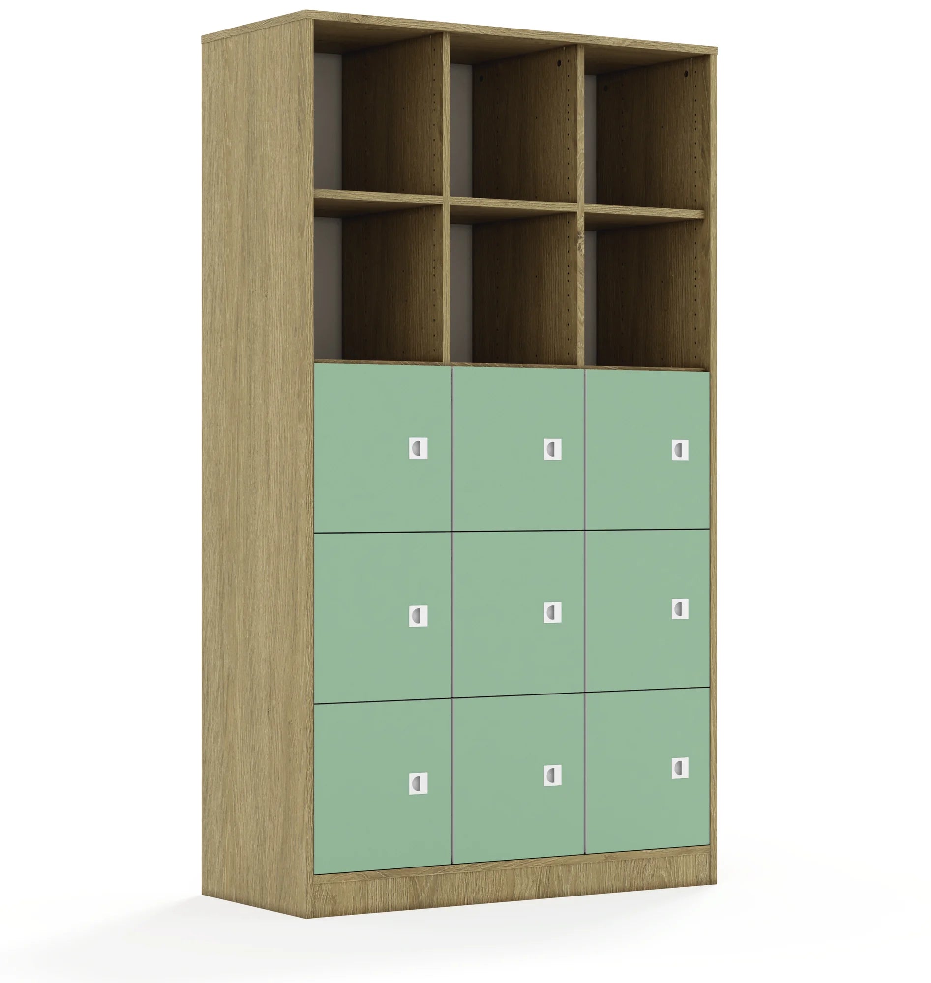 Regał BLOX 110 5PP 9F1 1049x466x1869 – dąb / pastelowy zielony