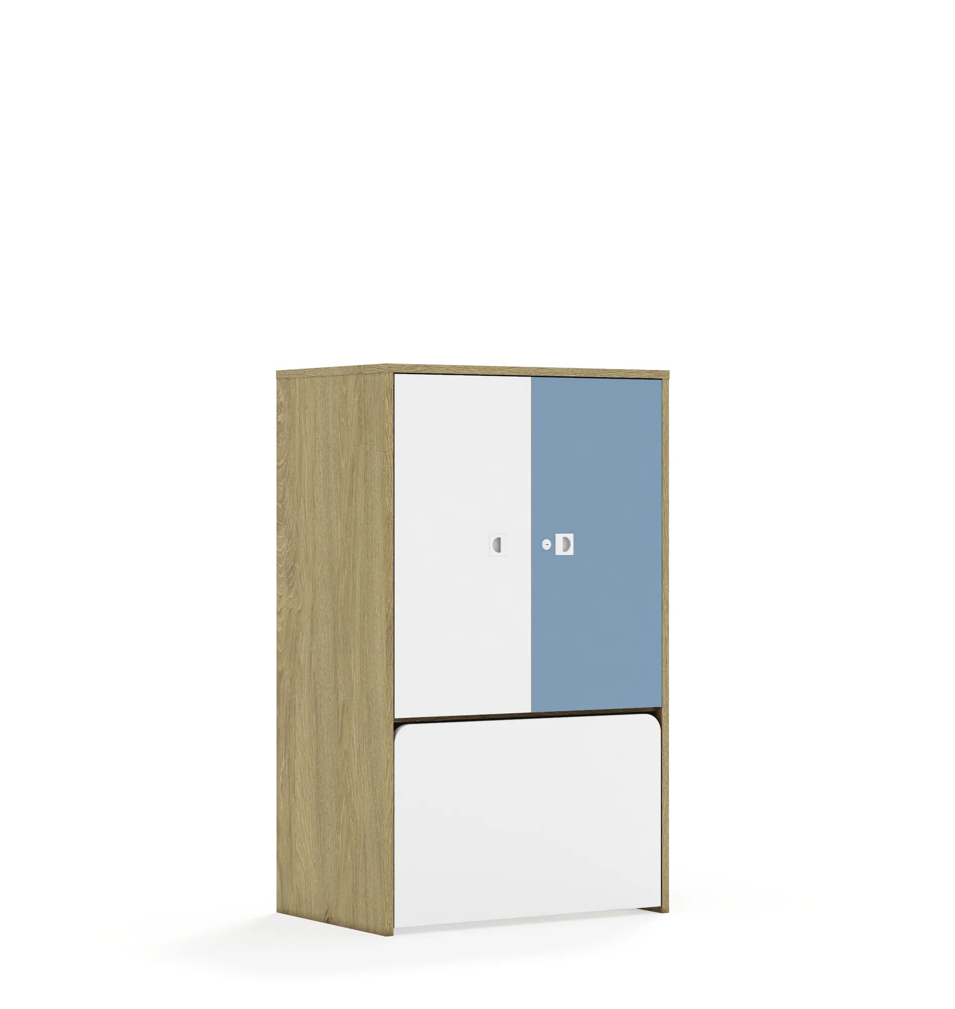 Regał BLOX 70 3P 2F2 ze skrzynią 706x466x1165 – dąb / biały/pastelowy niebieski