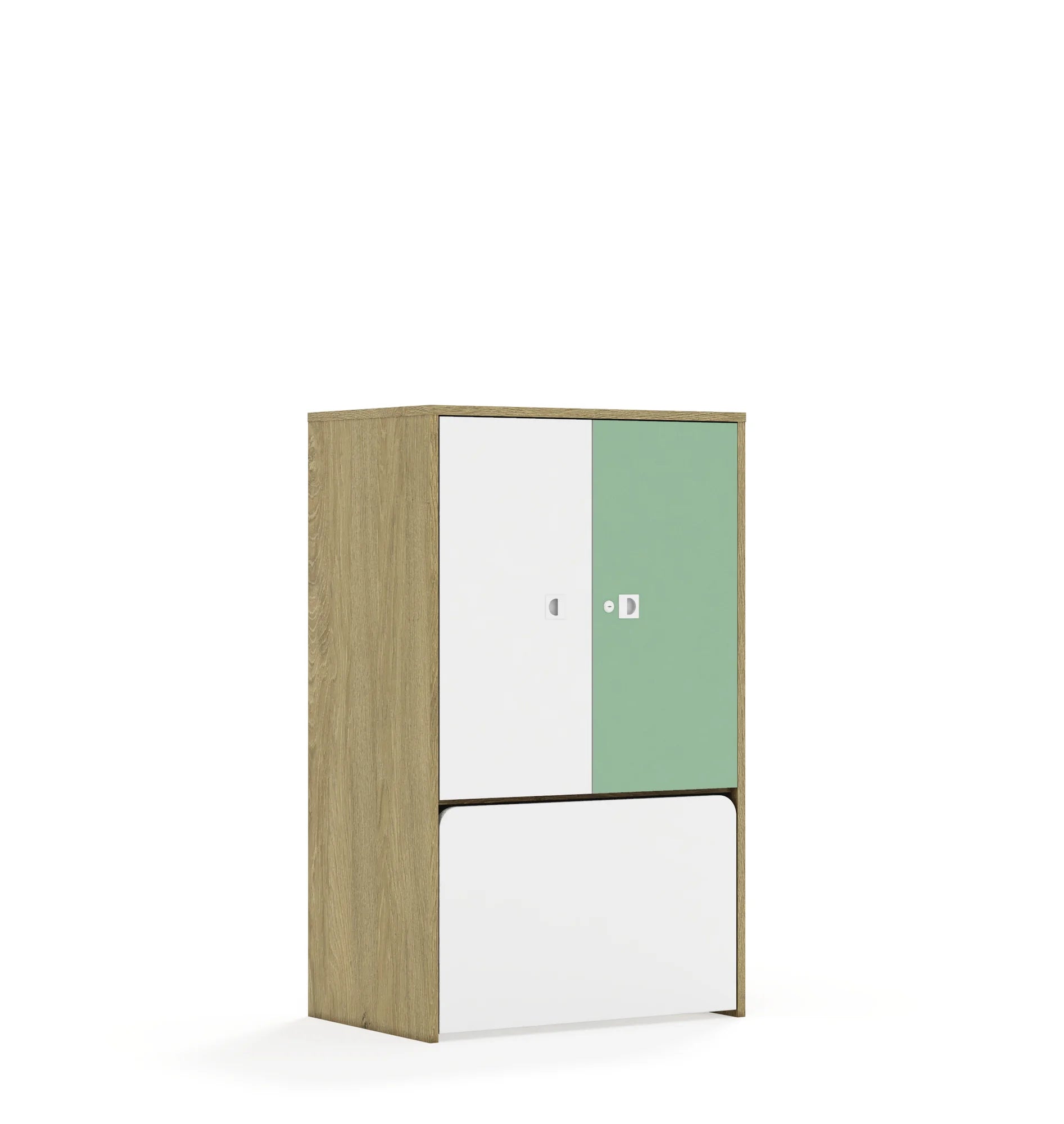 Regał BLOX 70 3P 2F2 ze skrzynią 706x466x1165 – dąb / biały/pastelowy zielony