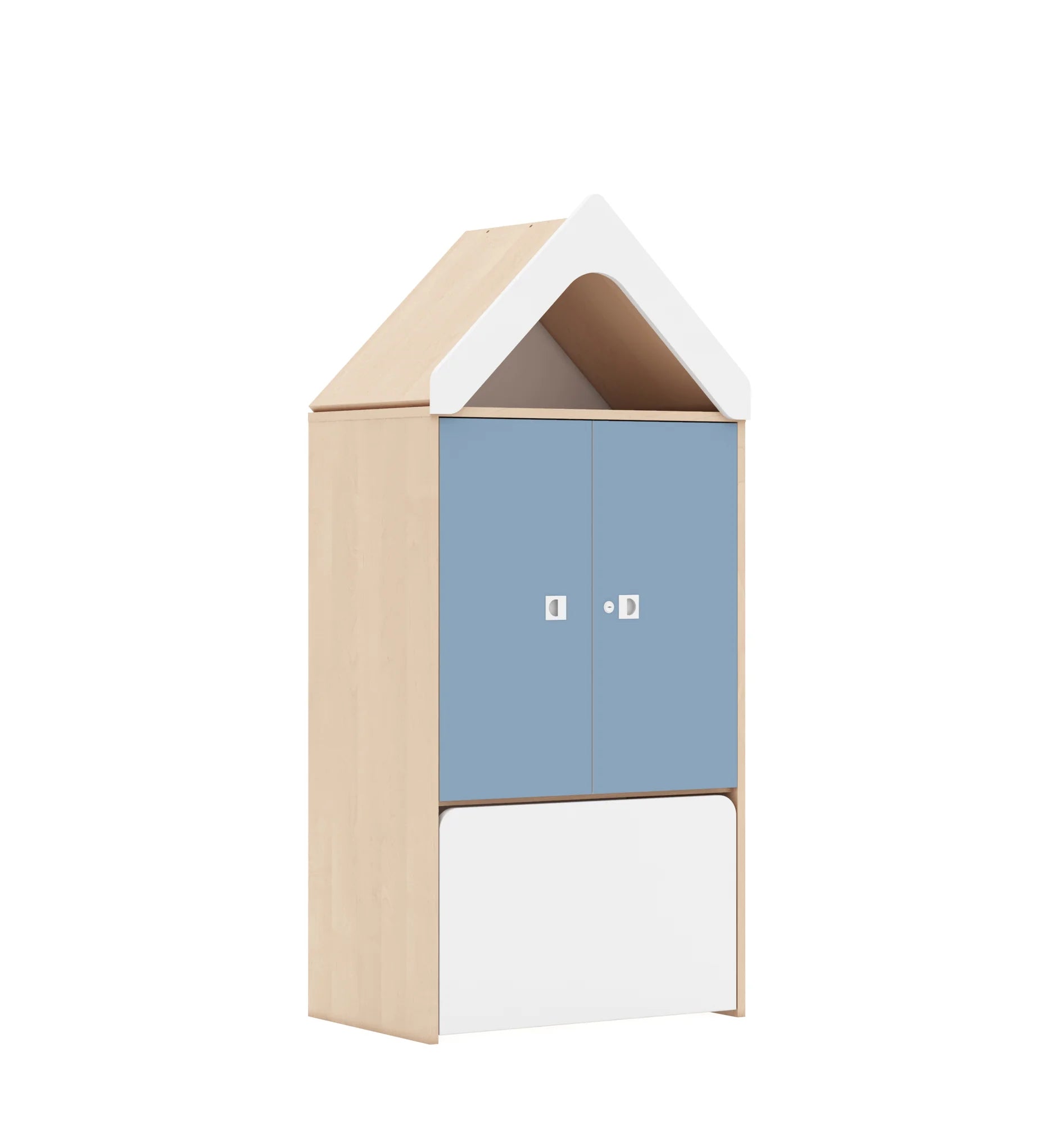 Regał BLOX 70 3P 2F2 ze skrzynią i daszkiem 706x466x1575 – brzoza / pastelowy niebieski