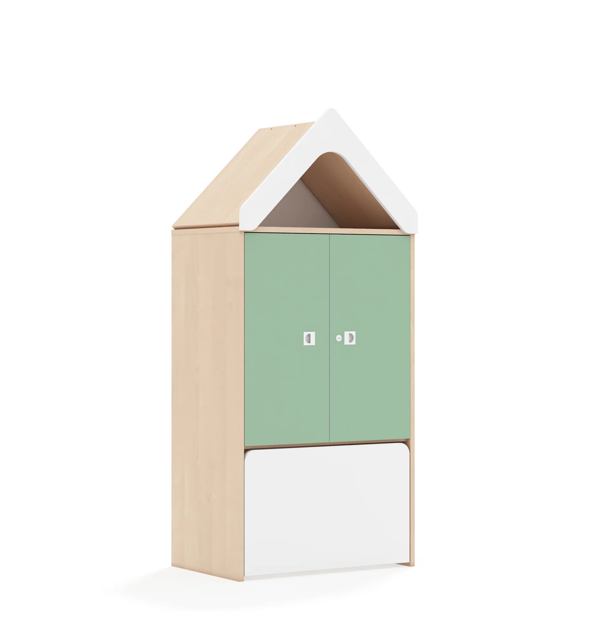 Regał BLOX 70 3P 2F2 ze skrzynią i daszkiem 706x466x1575 – brzoza / pastelowy zielony