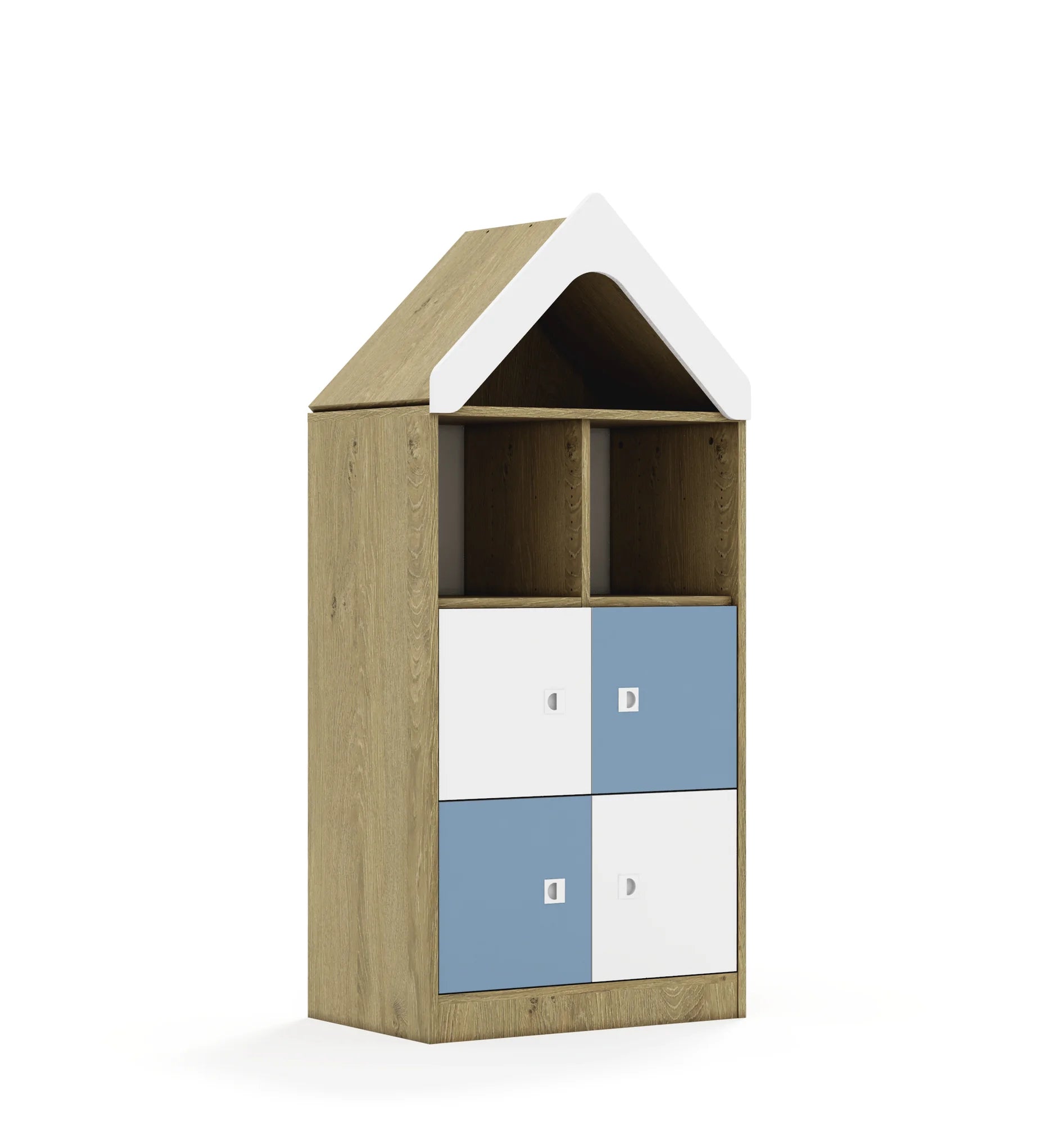 Regał BLOX 70 3PP 4F1 z daszkiem 706x466x1575 – dąb / biały/pastelowy niebieski