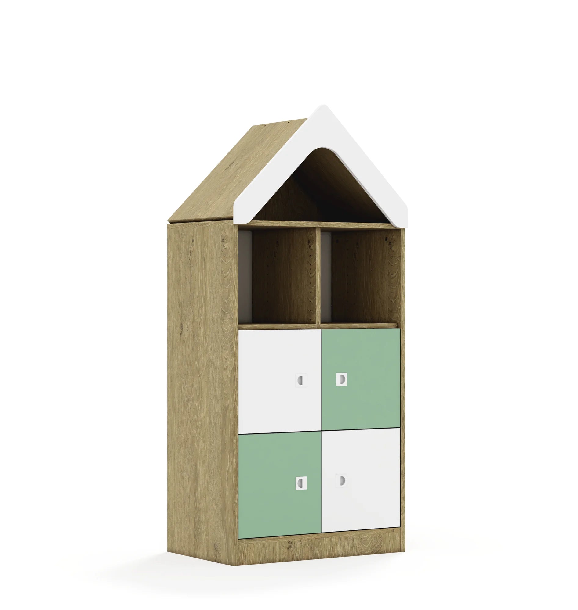Regał BLOX 70 3PP 4F1 z daszkiem 706x466x1575 – dąb / biały/pastelowy zielony