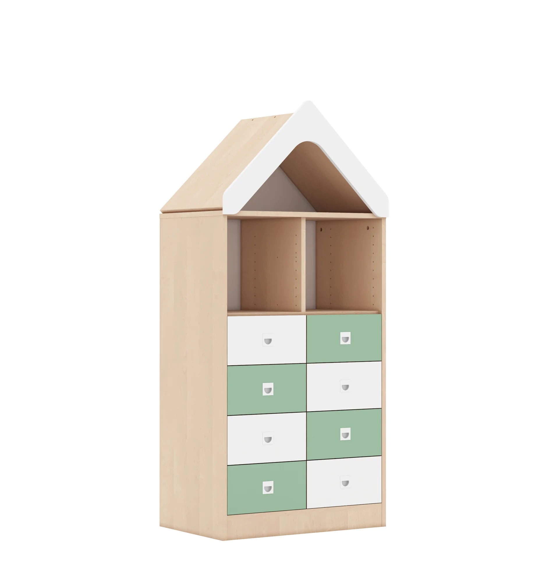 Regał BLOX 70 3PP 8SB z daszkiem 706x466x1575 – brzoza / biały/pastelowy zielony