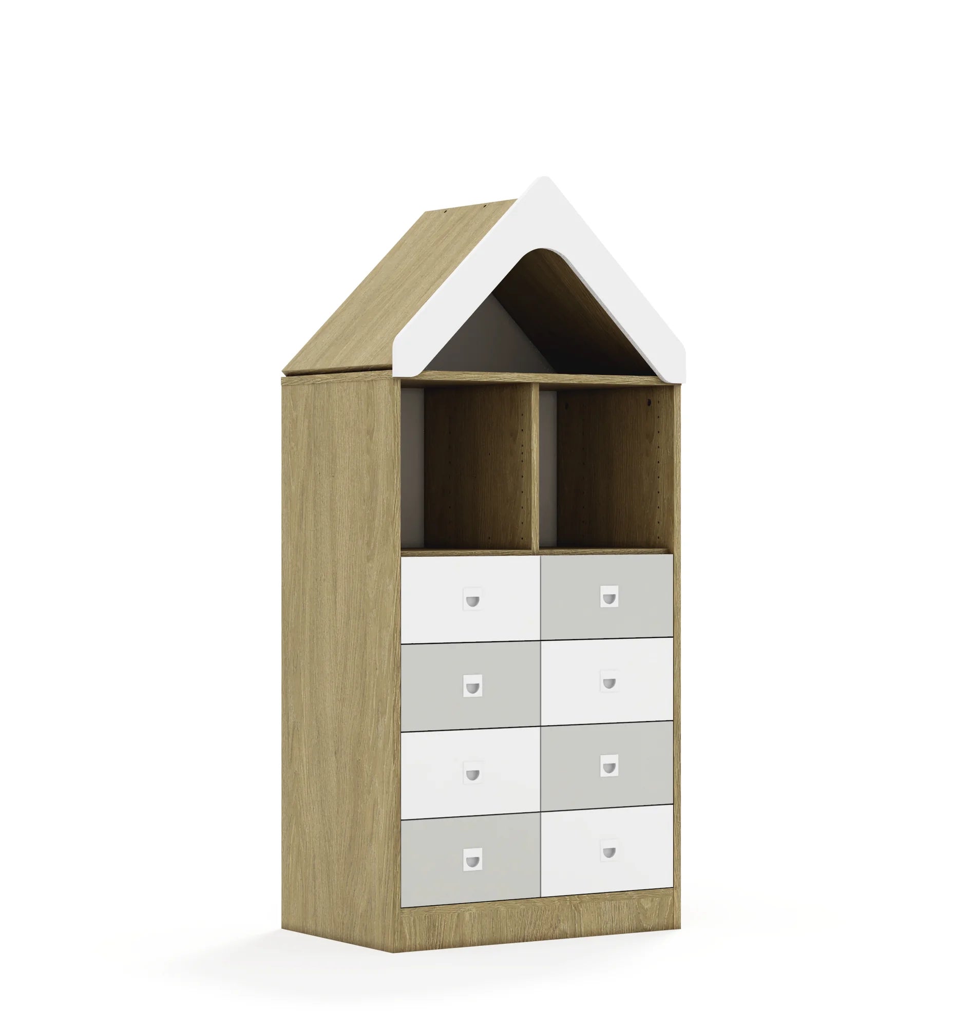 Regał BLOX 70 3PP 8SB z daszkiem 706x466x1575 – dąb / biały/jasny szary
