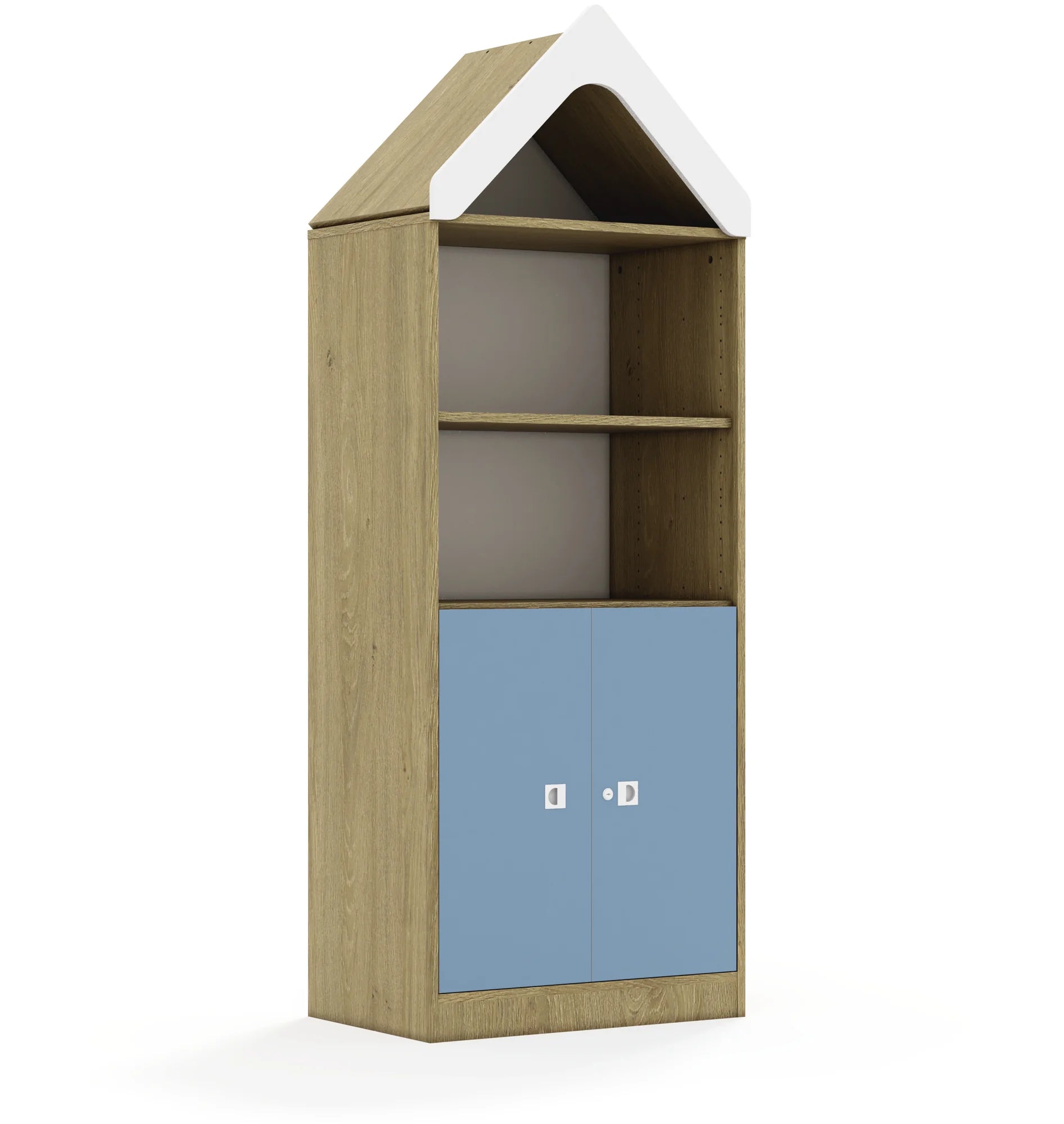 Regał BLOX 70 4P 2F2 z daszkiem 706x466x1927 – dąb / pastelowy niebieski