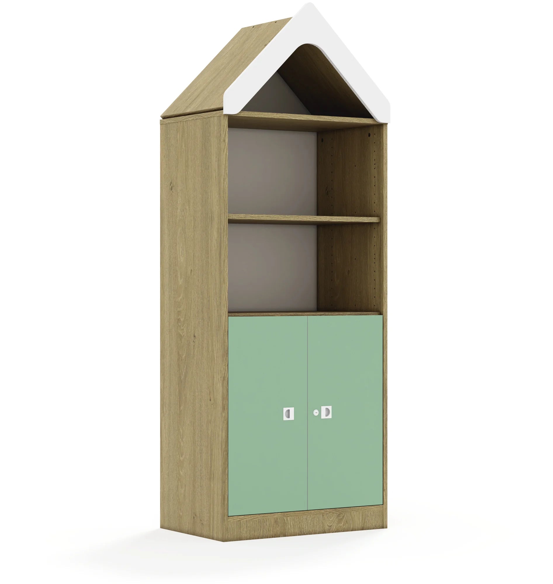 Regał BLOX 70 4P 2F2 z daszkiem 706x466x1927 – dąb / pastelowy zielony