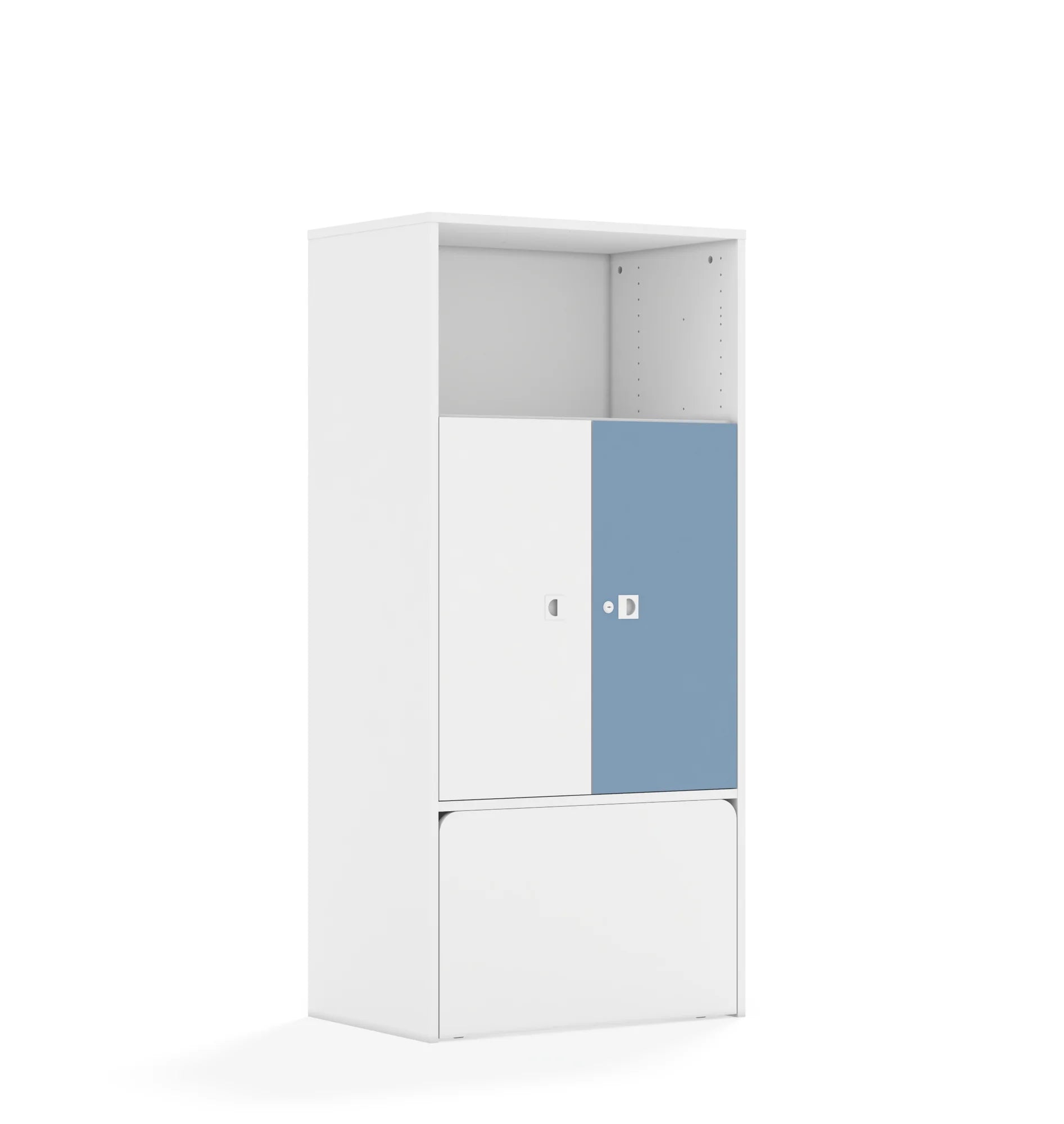 Regał BLOX 70 4P 2F2 ze skrzynią 706x466x1517 – biały / biały/pastelowy niebieski