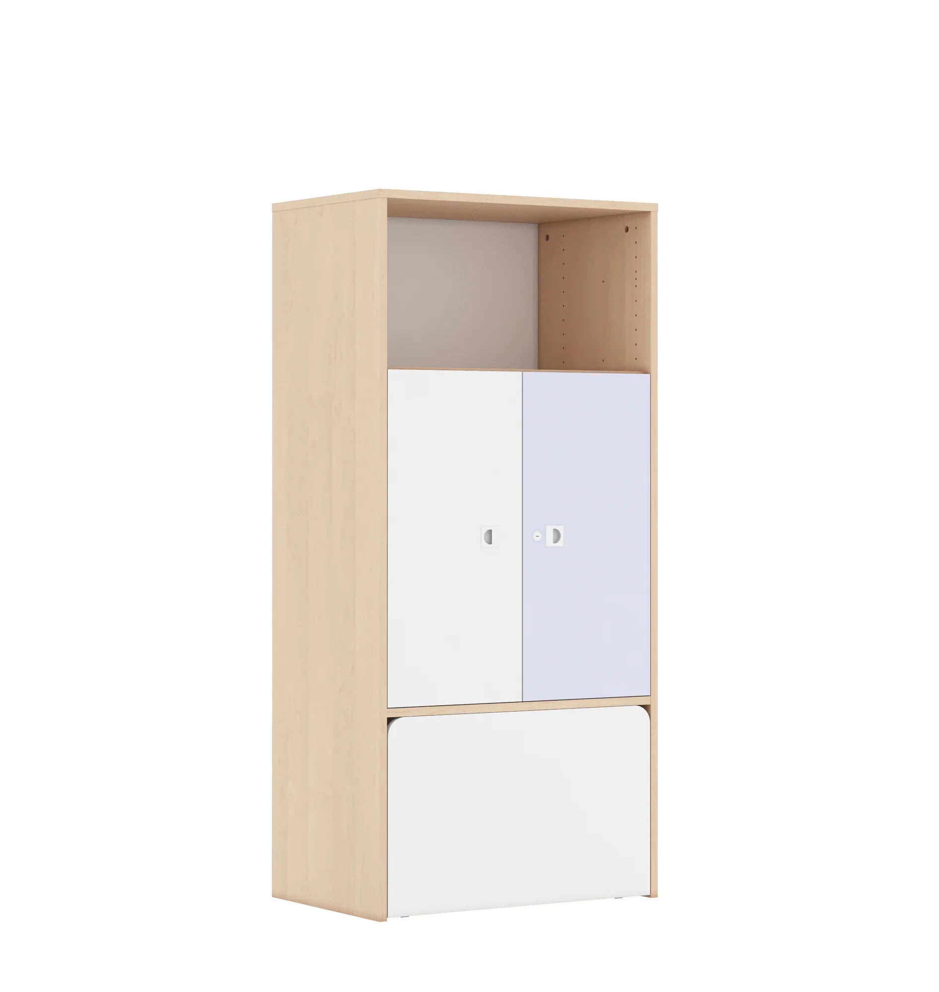 Regał BLOX 70 4P 2F2 ze skrzynią 706x466x1517 – brzoza / biały/pastelowy fioletowy