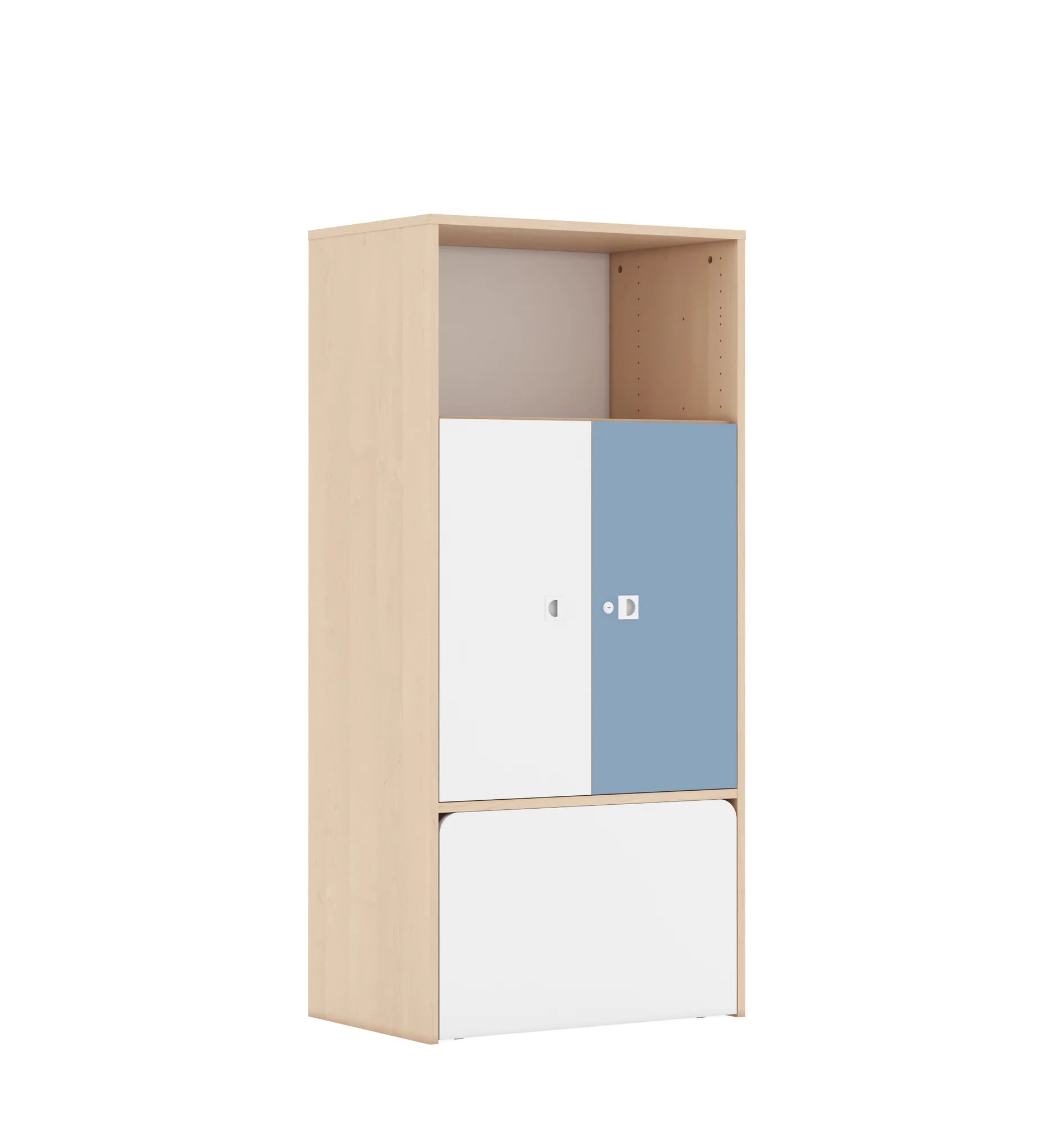 Regał BLOX 70 4P 2F2 ze skrzynią 706x466x1517 – brzoza / biały/pastelowy niebieski