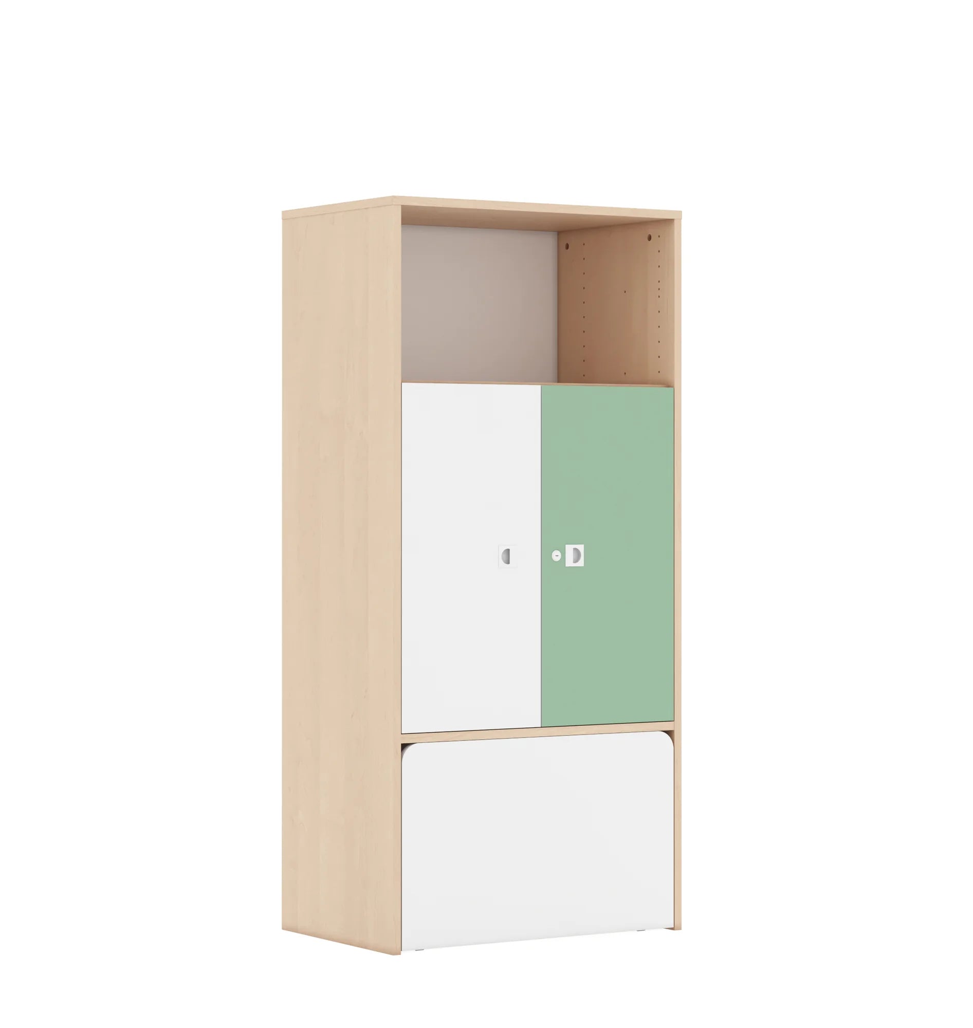 Regał BLOX 70 4P 2F2 ze skrzynią 706x466x1517 – brzoza / biały/pastelowy zielony