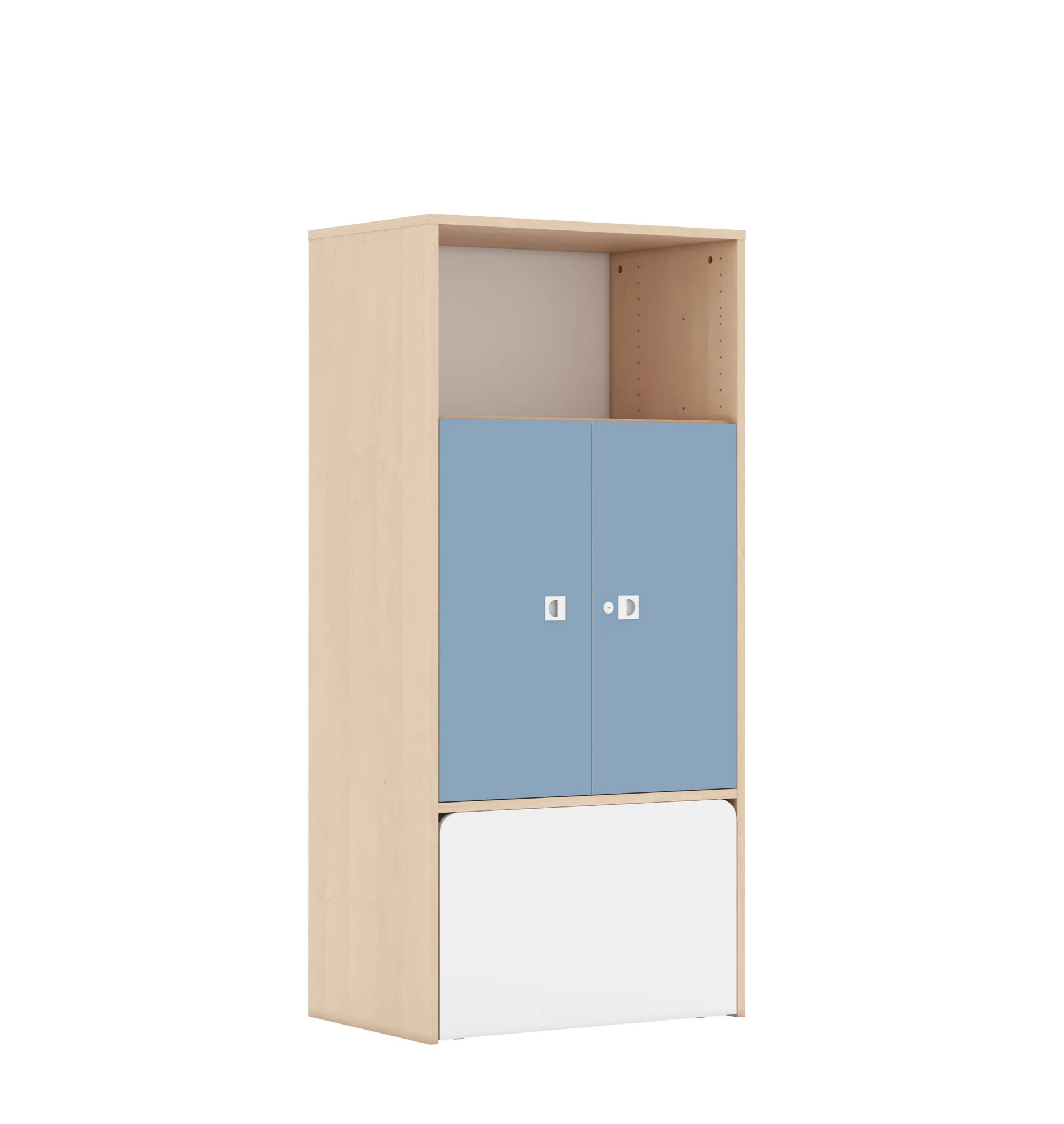 Regał BLOX 70 4P 2F2 ze skrzynią 706x466x1517 – brzoza / pastelowy niebieski