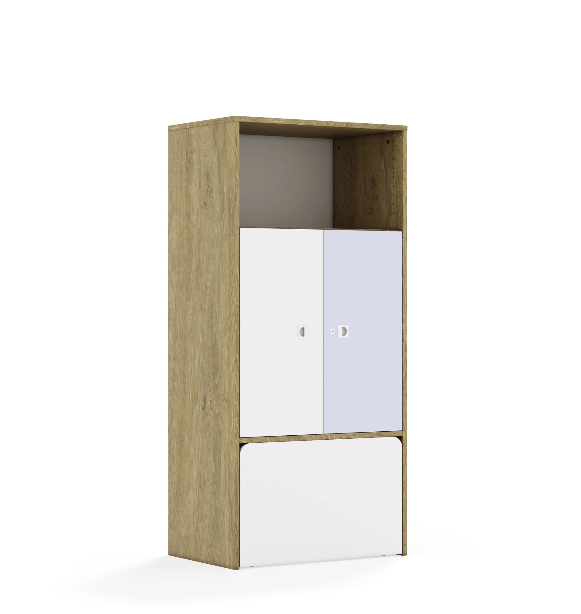 Regał BLOX 70 4P 2F2 ze skrzynią 706x466x1517 – dąb / biały/pastelowy fioletowy