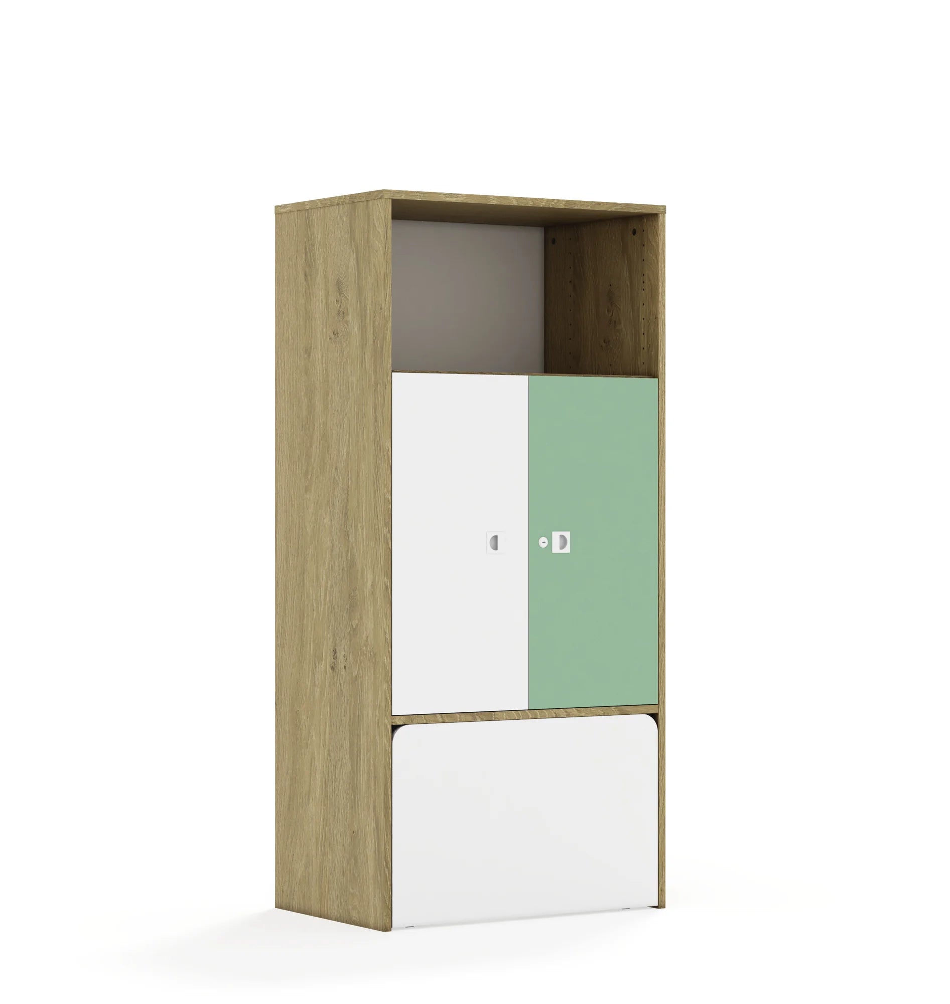 Regał BLOX 70 4P 2F2 ze skrzynią 706x466x1517 – dąb / biały/pastelowy zielony