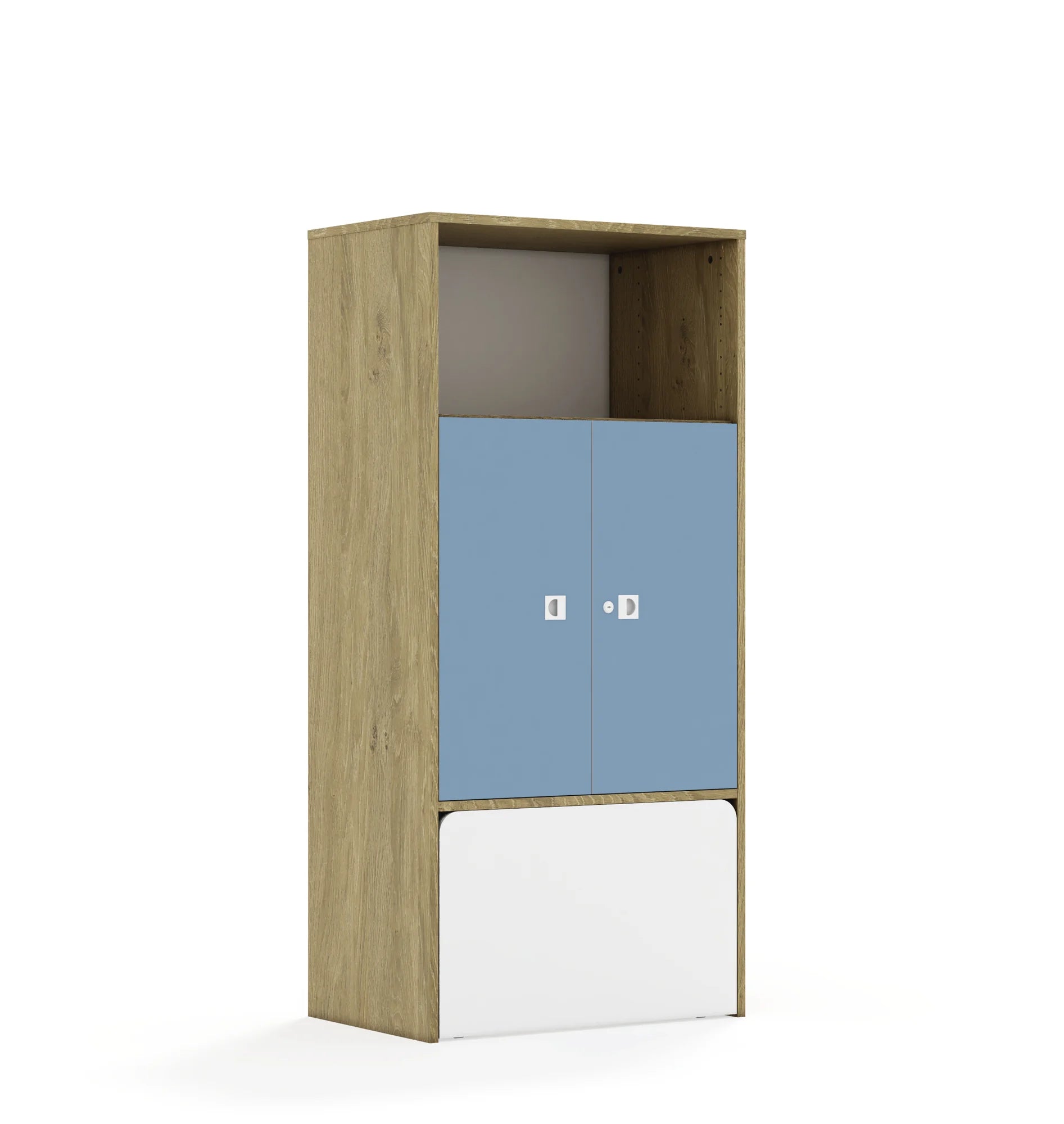 Regał BLOX 70 4P 2F2 ze skrzynią 706x466x1517 – dąb / pastelowy niebieski