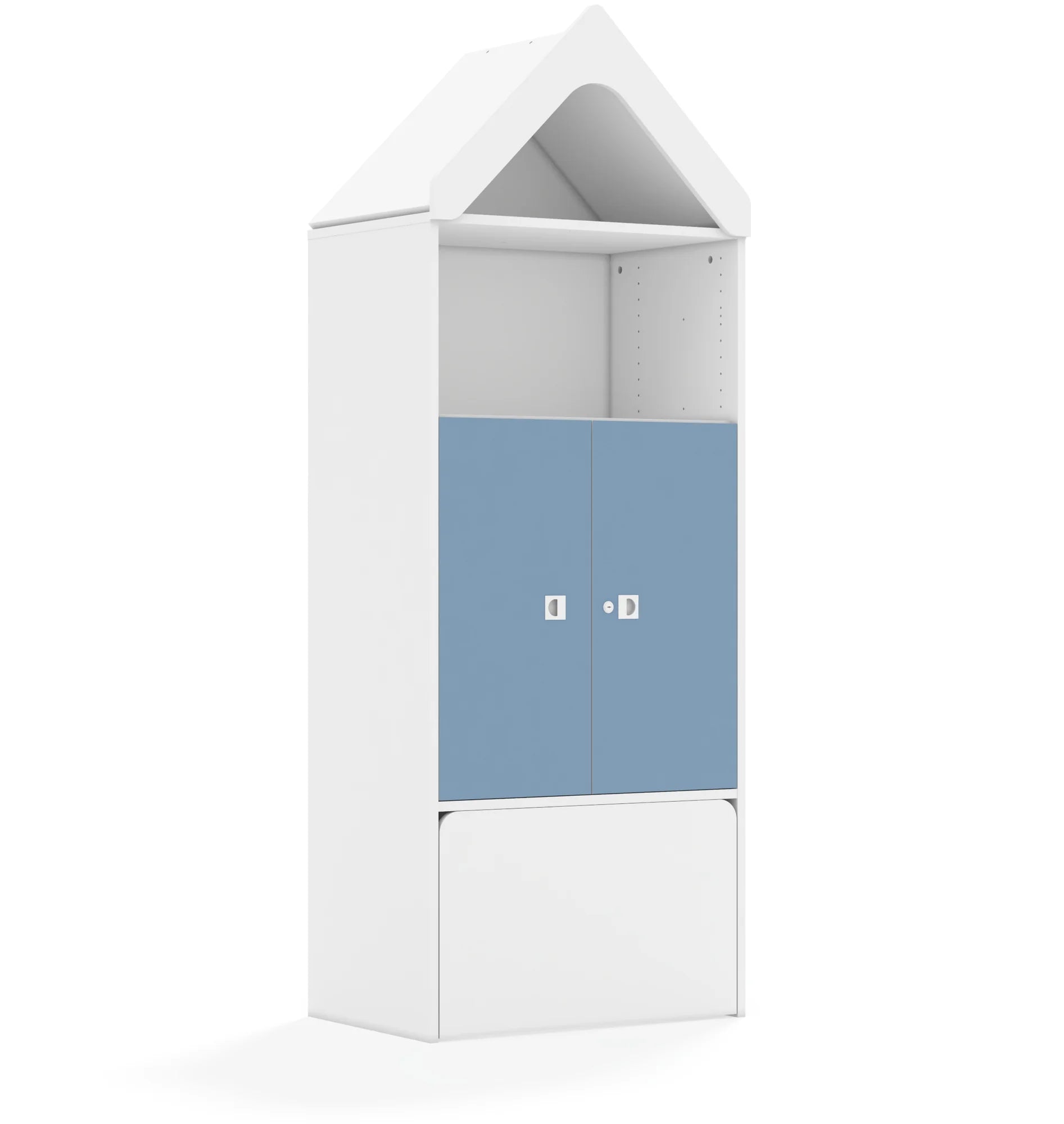 Regał BLOX 70 4P 2F2 ze skrzynią i daszkiem 706x466x1927 – biały / pastelowy niebieski