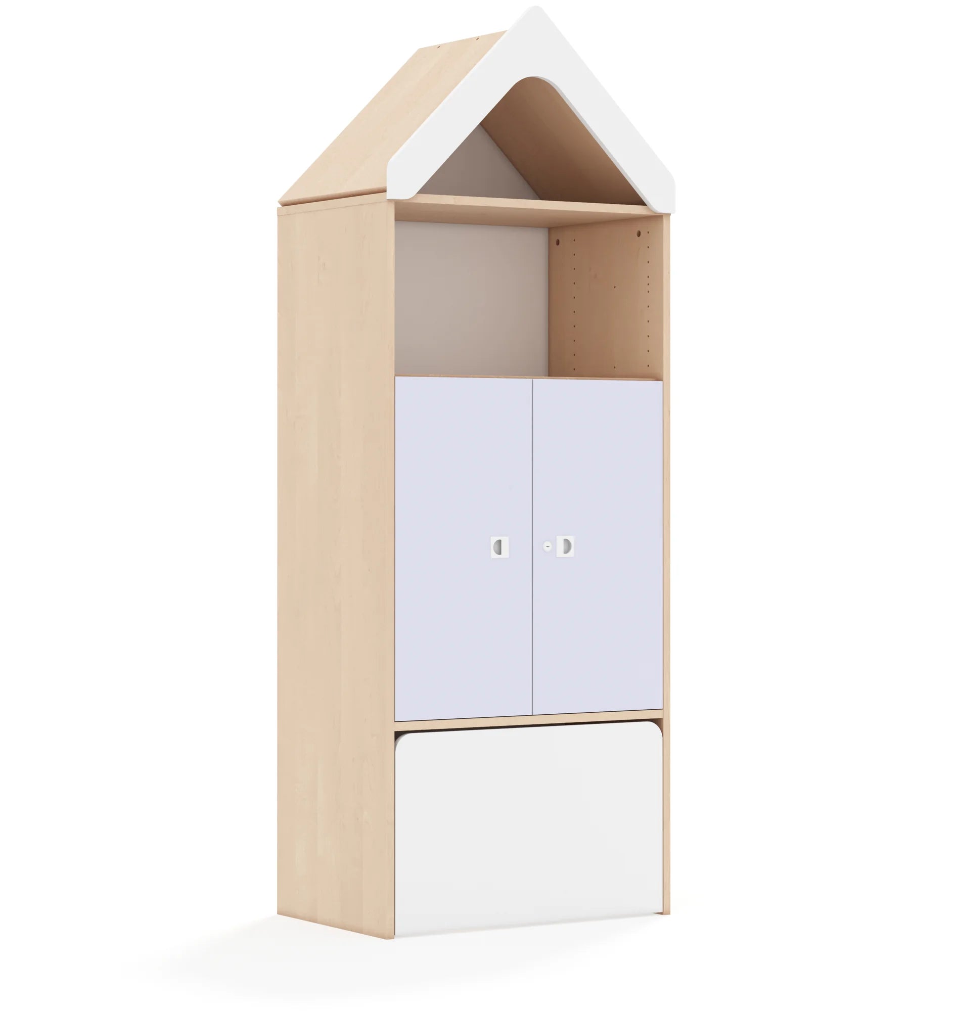 Regał BLOX 70 4P 2F2 ze skrzynią i daszkiem 706x466x1927 – brzoza / pastelowy fioletowy
