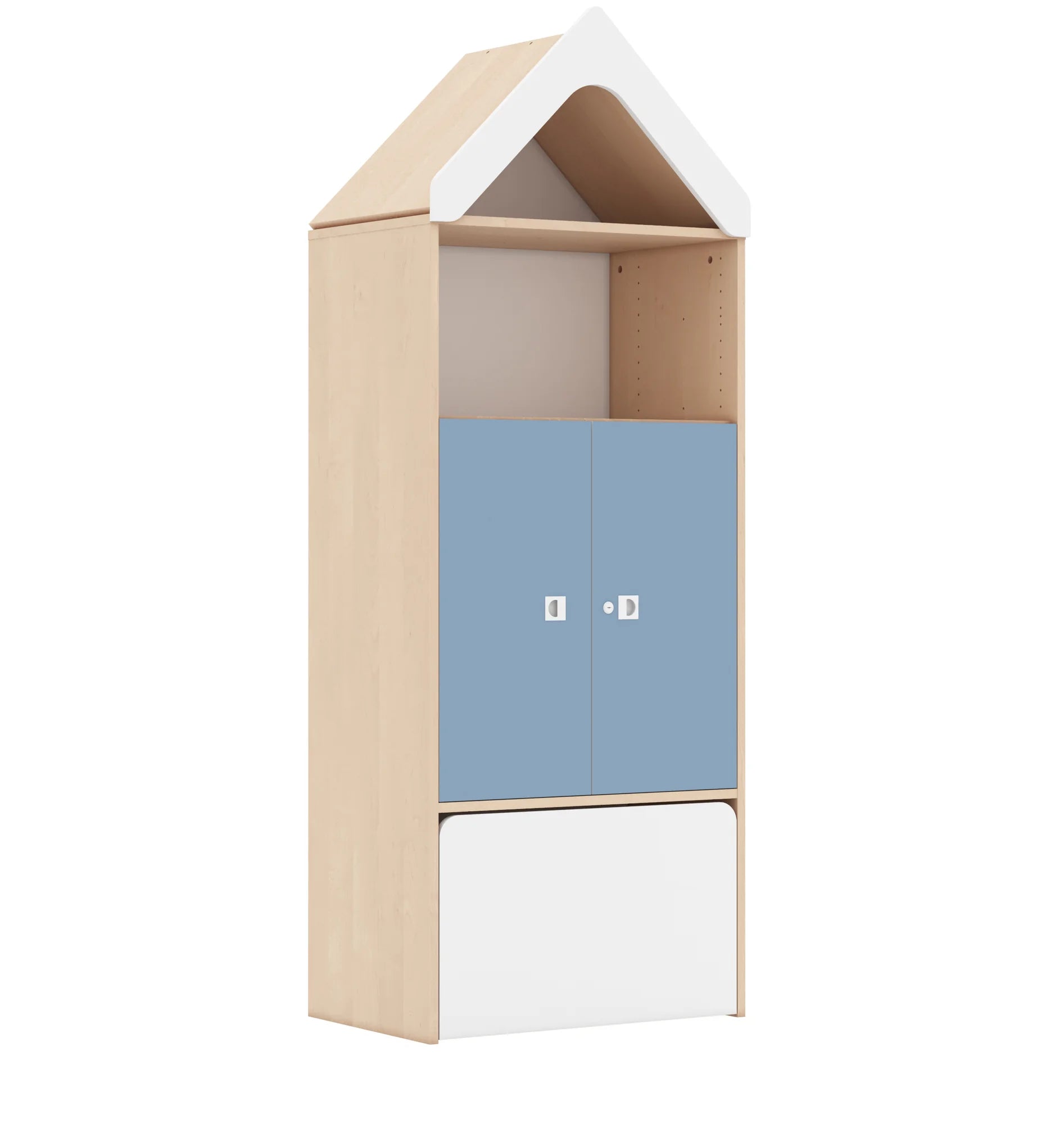 Regał BLOX 70 4P 2F2 ze skrzynią i daszkiem 706x466x1927 – brzoza / pastelowy niebieski