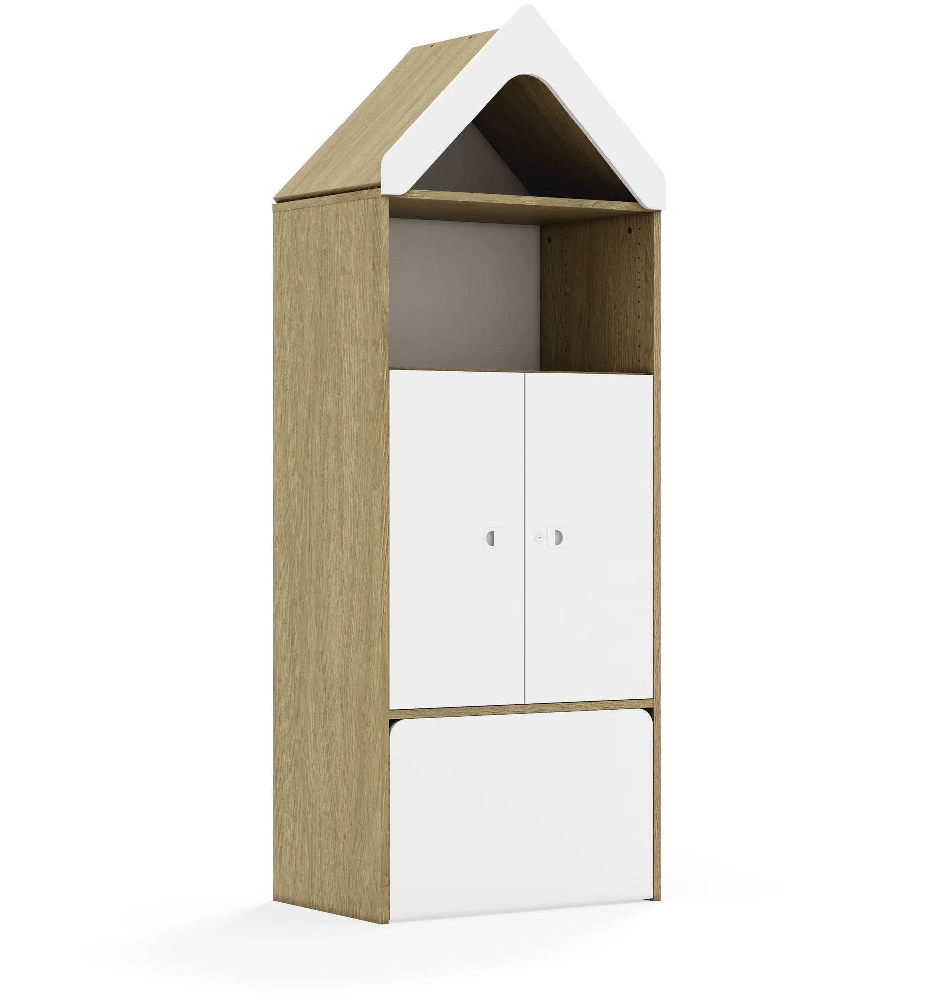 Regał BLOX 70 4P 2F2 ze skrzynią i daszkiem 706x466x1927 – dąb / biały