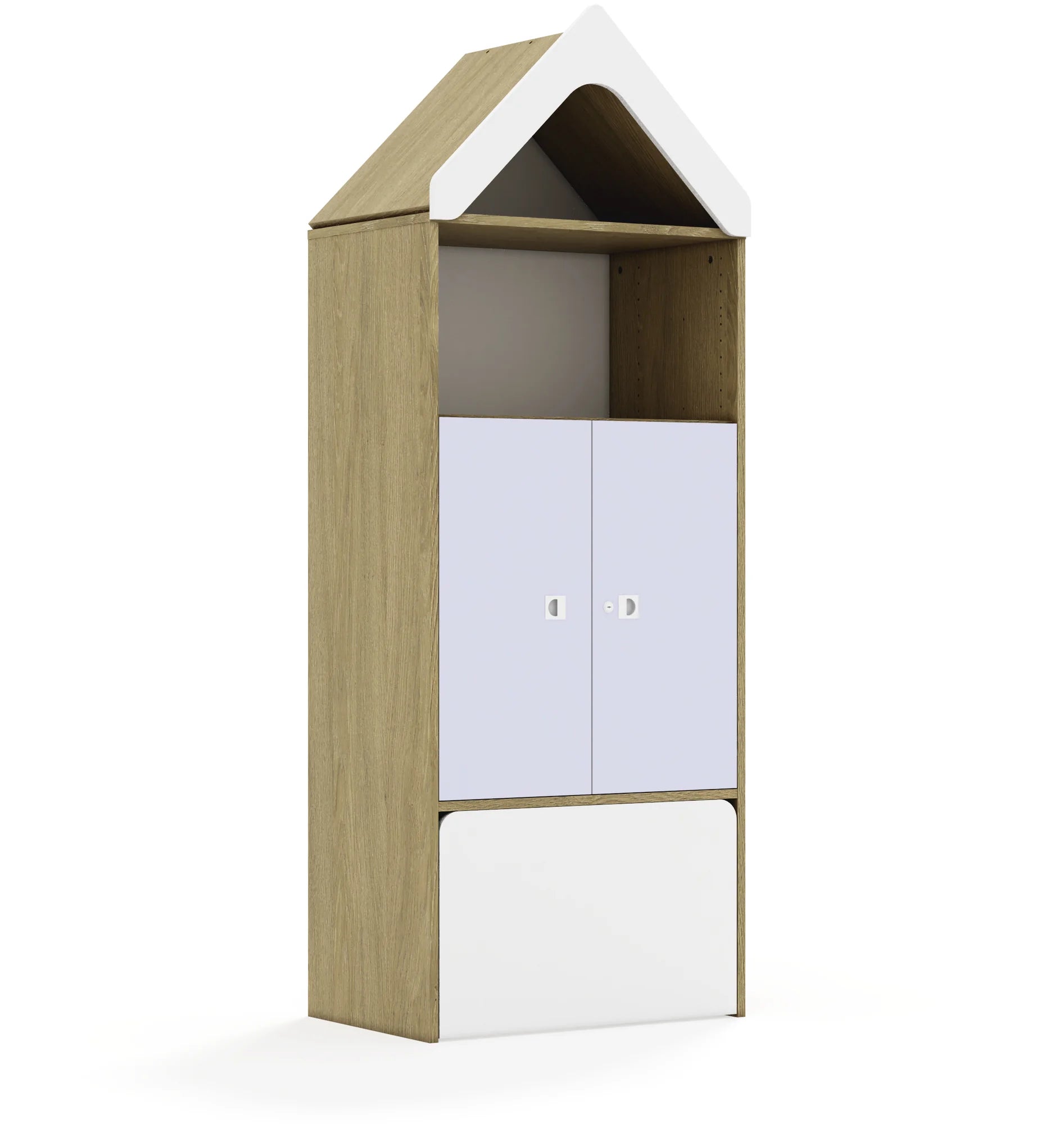 Regał BLOX 70 4P 2F2 ze skrzynią i daszkiem 706x466x1927 – dąb / pastelowy fioletowy