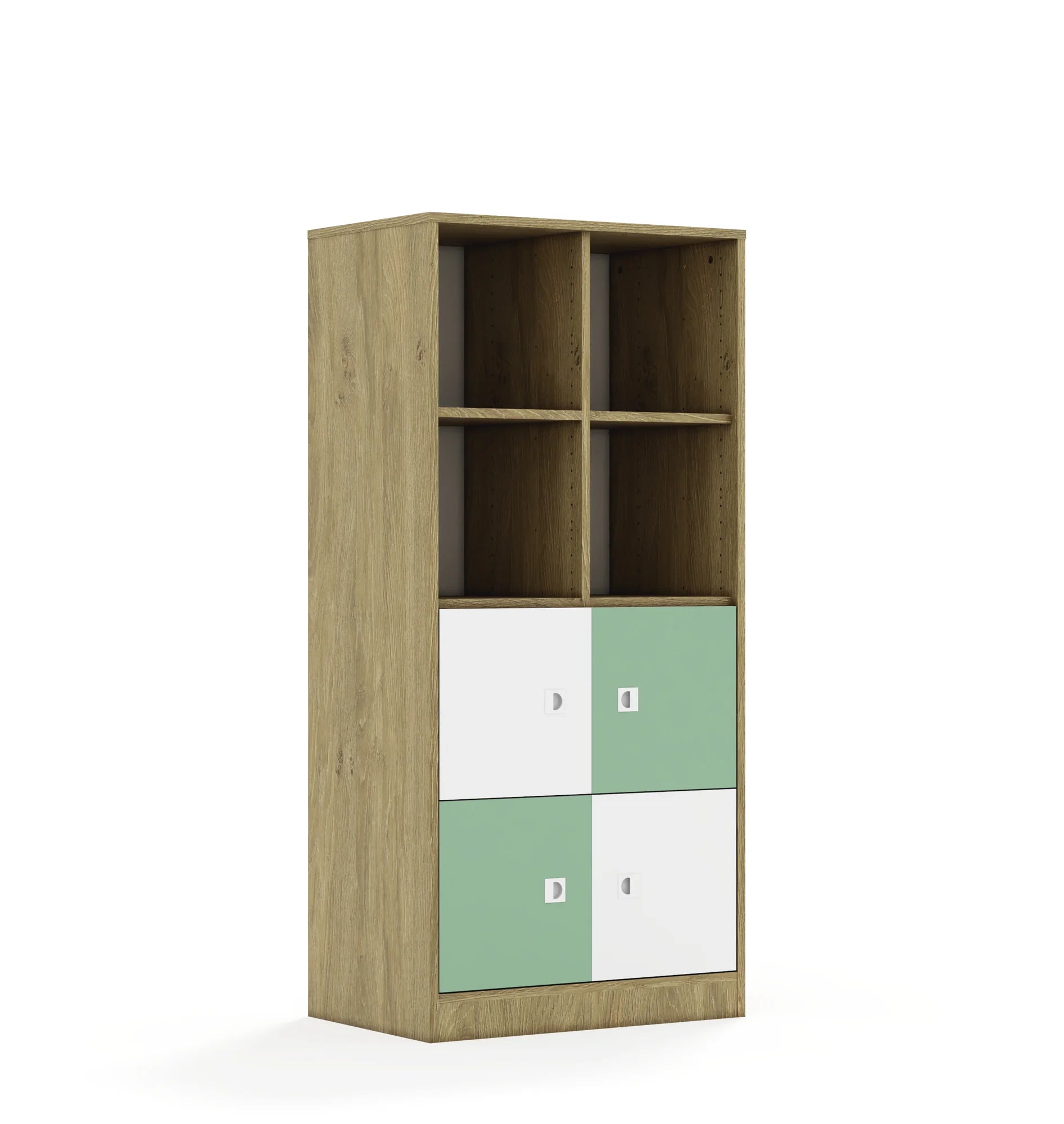 Regał BLOX 70 4PP 4F1 706x466x1517 – dąb / biały/pastelowy zielony