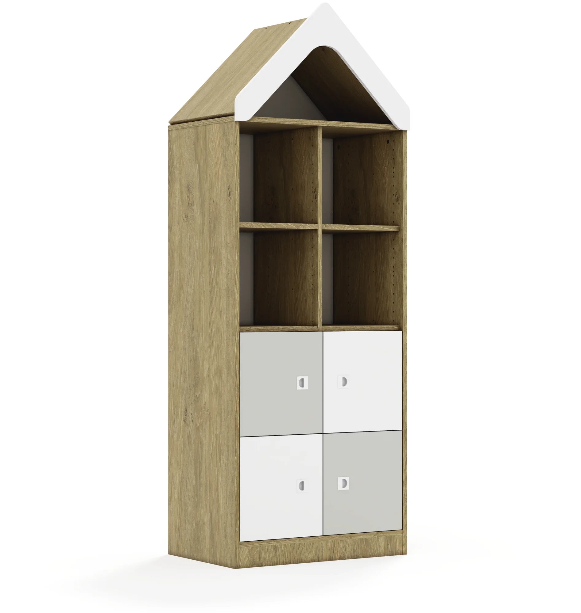 Regał BLOX 70 4PP 4F1 z daszkiem 706x466x1927 – dąb / biały/jasny szary