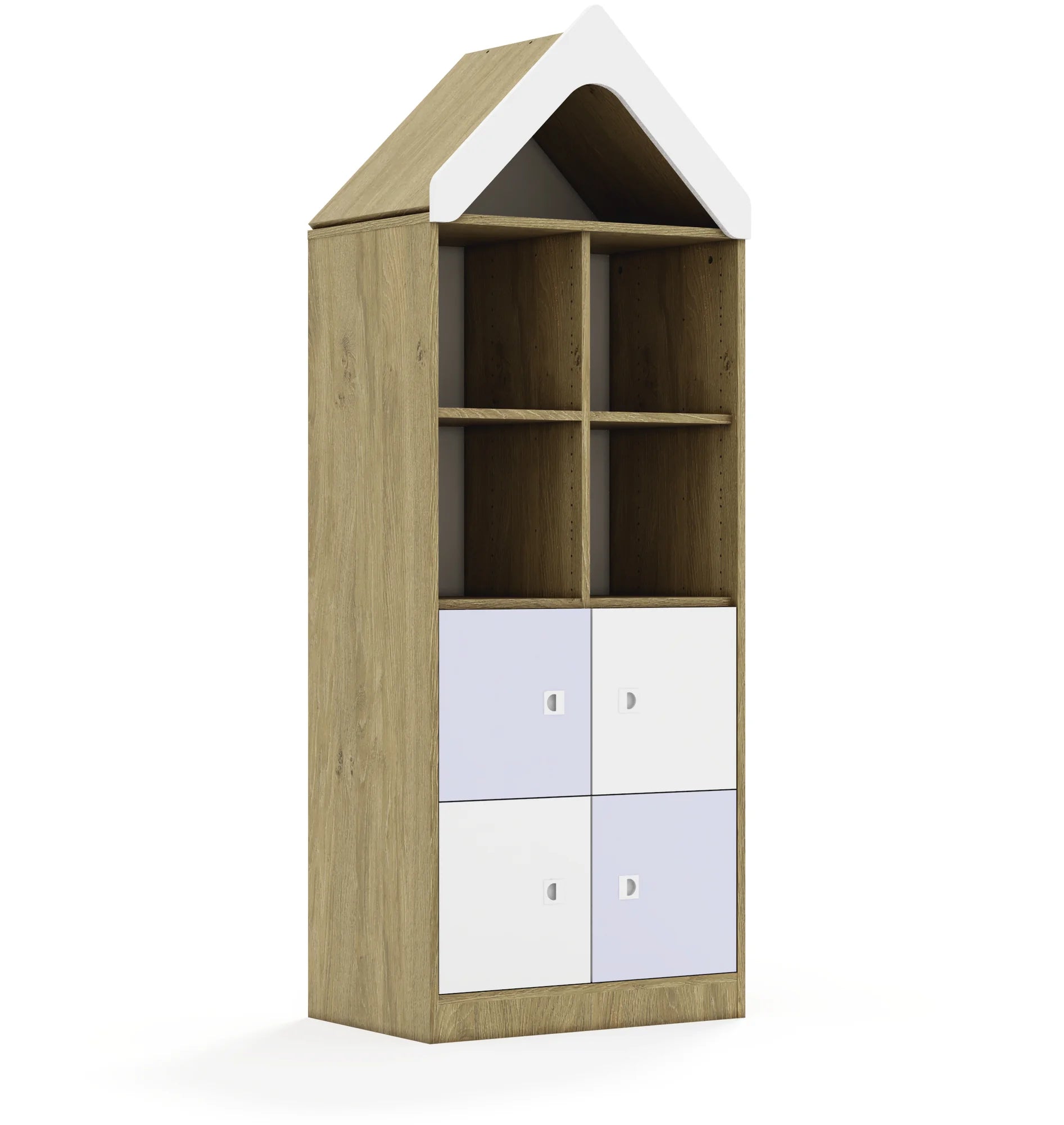 Regał BLOX 70 4PP 4F1 z daszkiem 706x466x1927 – dąb / biały/pastelowy fioletowy