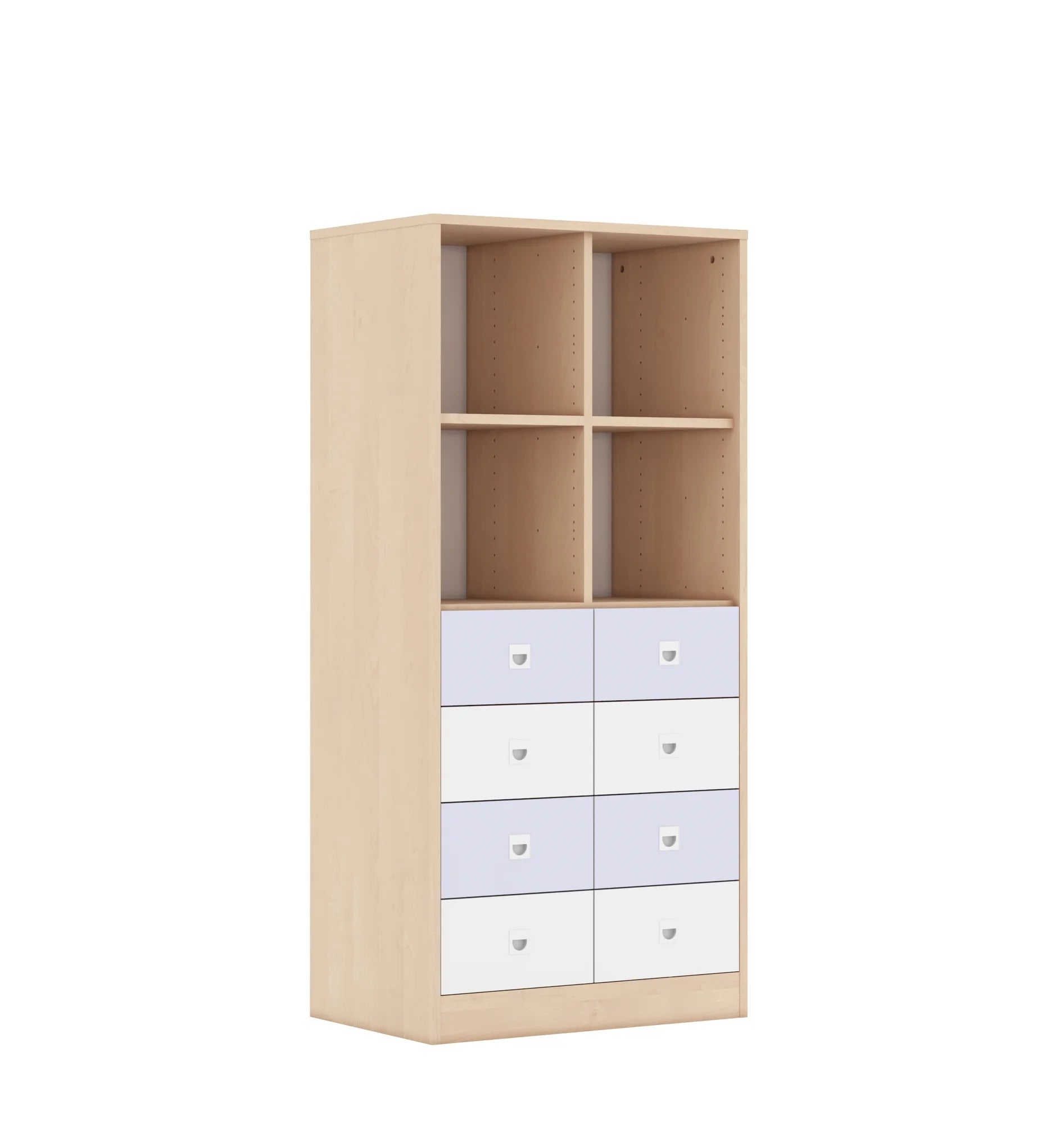 Regał BLOX 70 4PP 8SB 706x466x1517 – brzoza / biały/pastelowy fioletowy