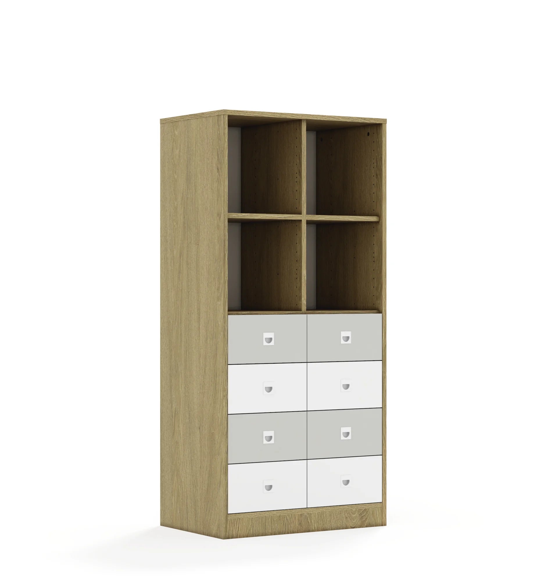 Regał BLOX 70 4PP 8SB 706x466x1517 – dąb / biały/jasny szary