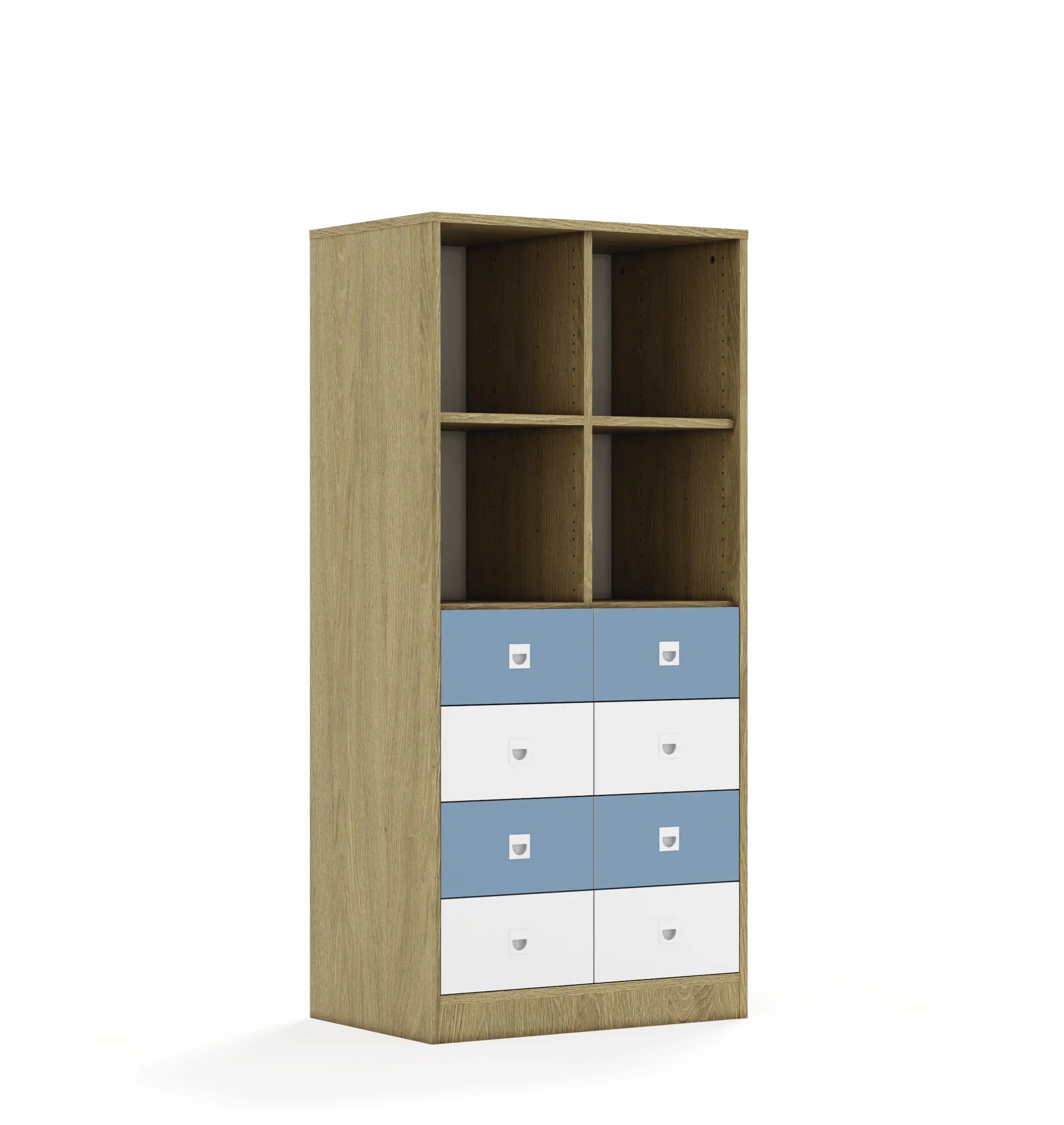 Regał BLOX 70 4PP 8SB 706x466x1517 – dąb / biały/pastelowy niebieski