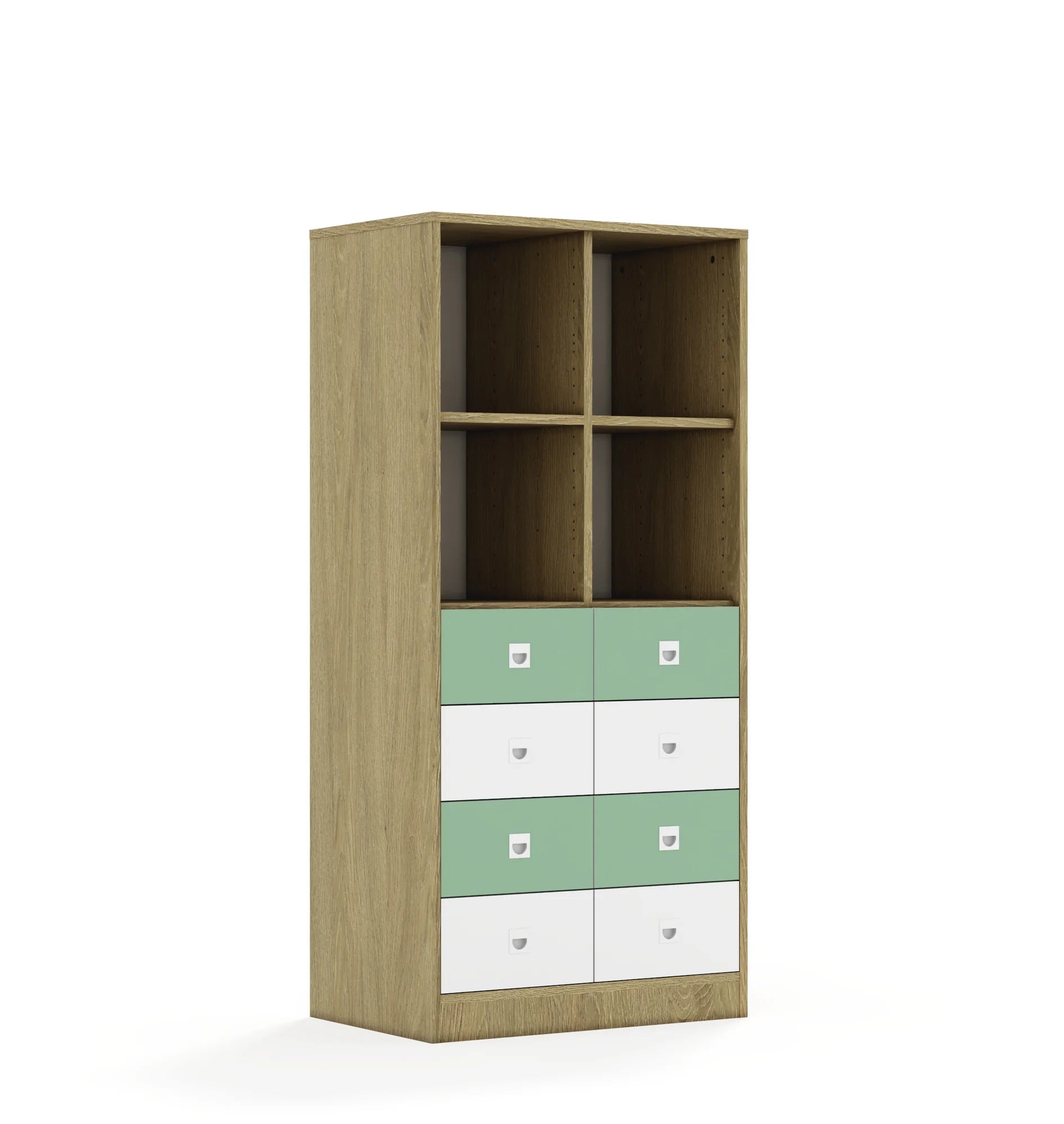 Regał BLOX 70 4PP 8SB 706x466x1517 – dąb / biały/pastelowy zielony