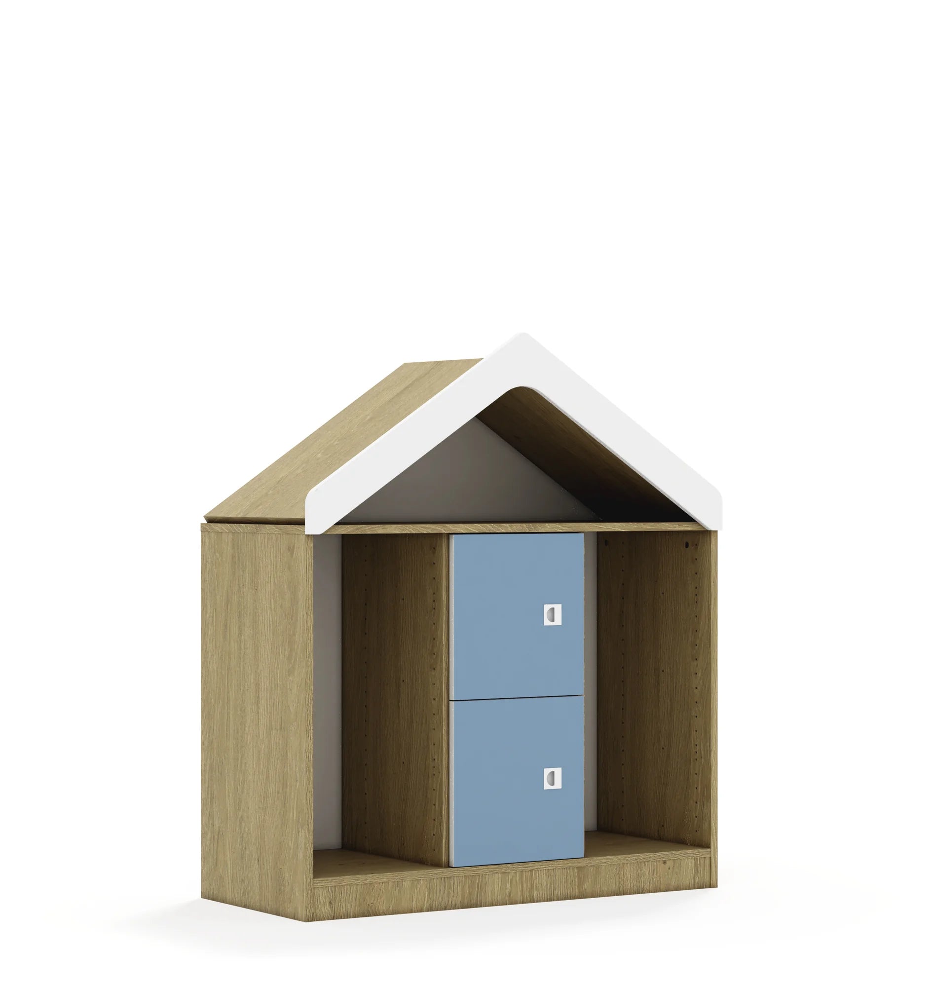 Regał na pojemniki BLOX 110 2PG 2F1 z daszkiem 1049x466x1223 – dąb / pastelowy niebieski
