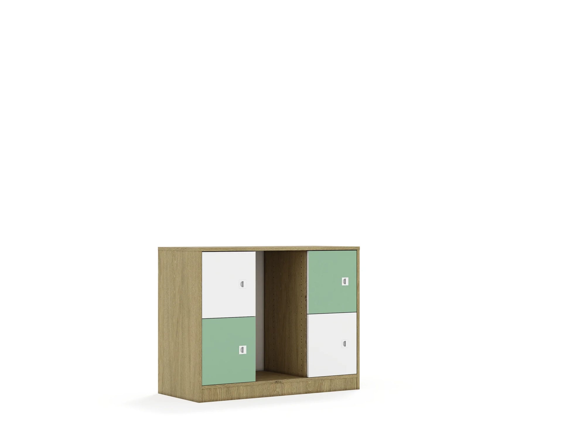 Regał na pojemniki BLOX 110 2PG 4F1 1049x466x813 – dąb / biały/pastelowy zielony
