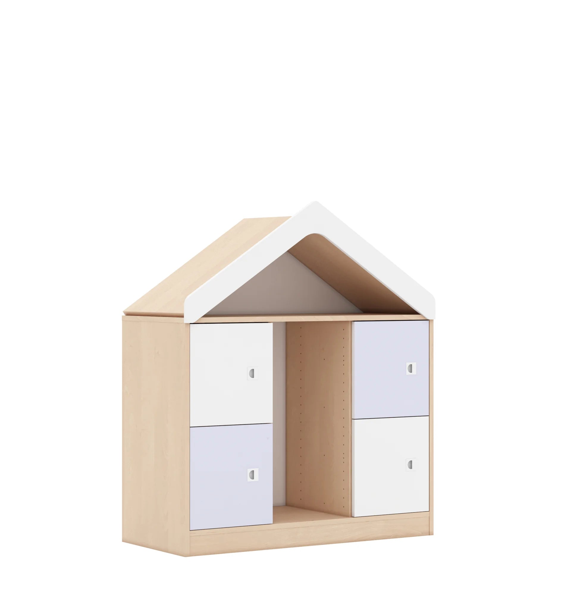 Regał na pojemniki BLOX 110 2PG 4F1 z daszkiem 1049x466x1223 – brzoza / biały/pastelowy fioletowy