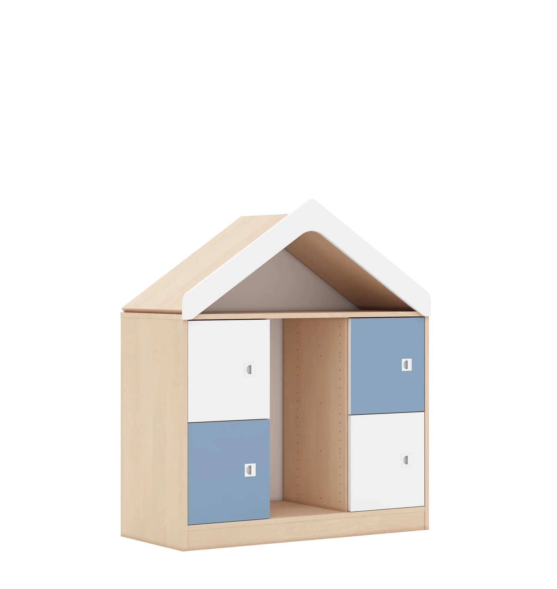 Regał na pojemniki BLOX 110 2PG 4F1 z daszkiem 1049x466x1223 – brzoza / biały/pastelowy niebieski