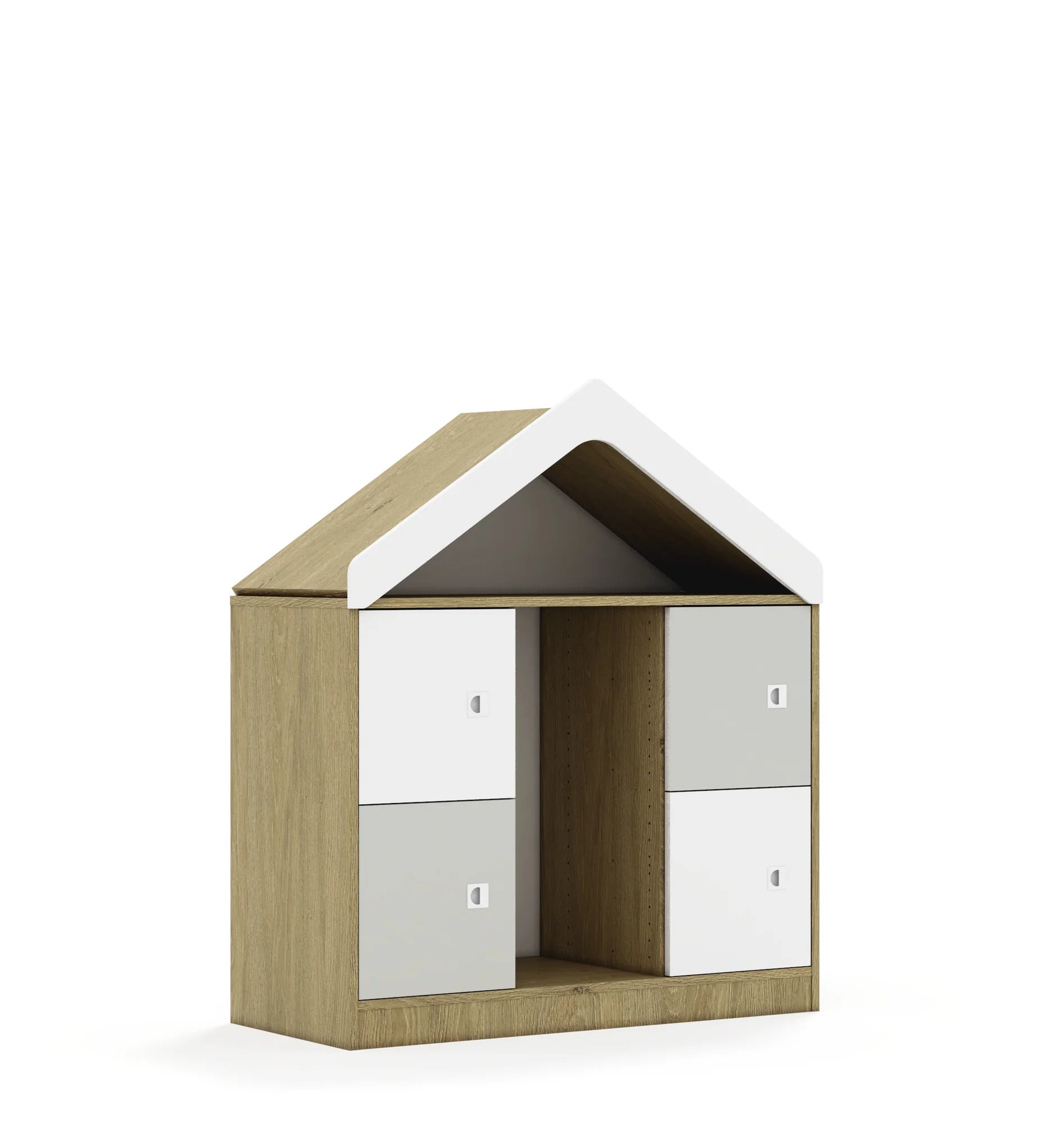 Regał na pojemniki BLOX 110 2PG 4F1 z daszkiem 1049x466x1223 – dąb / biały/jasny szary