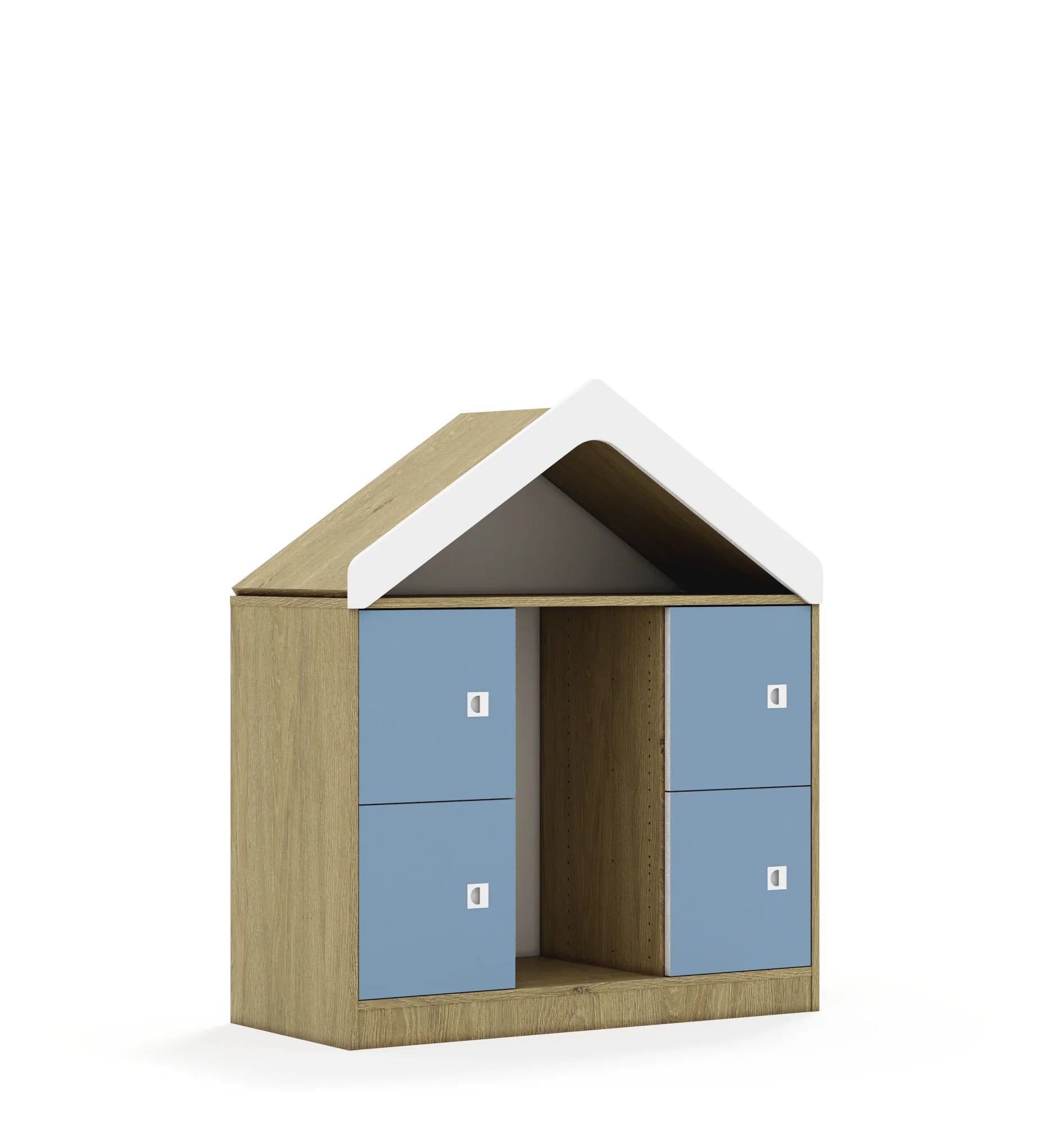 Regał na pojemniki BLOX 110 2PG 4F1 z daszkiem 1049x466x1223 – dąb / pastelowy niebieski