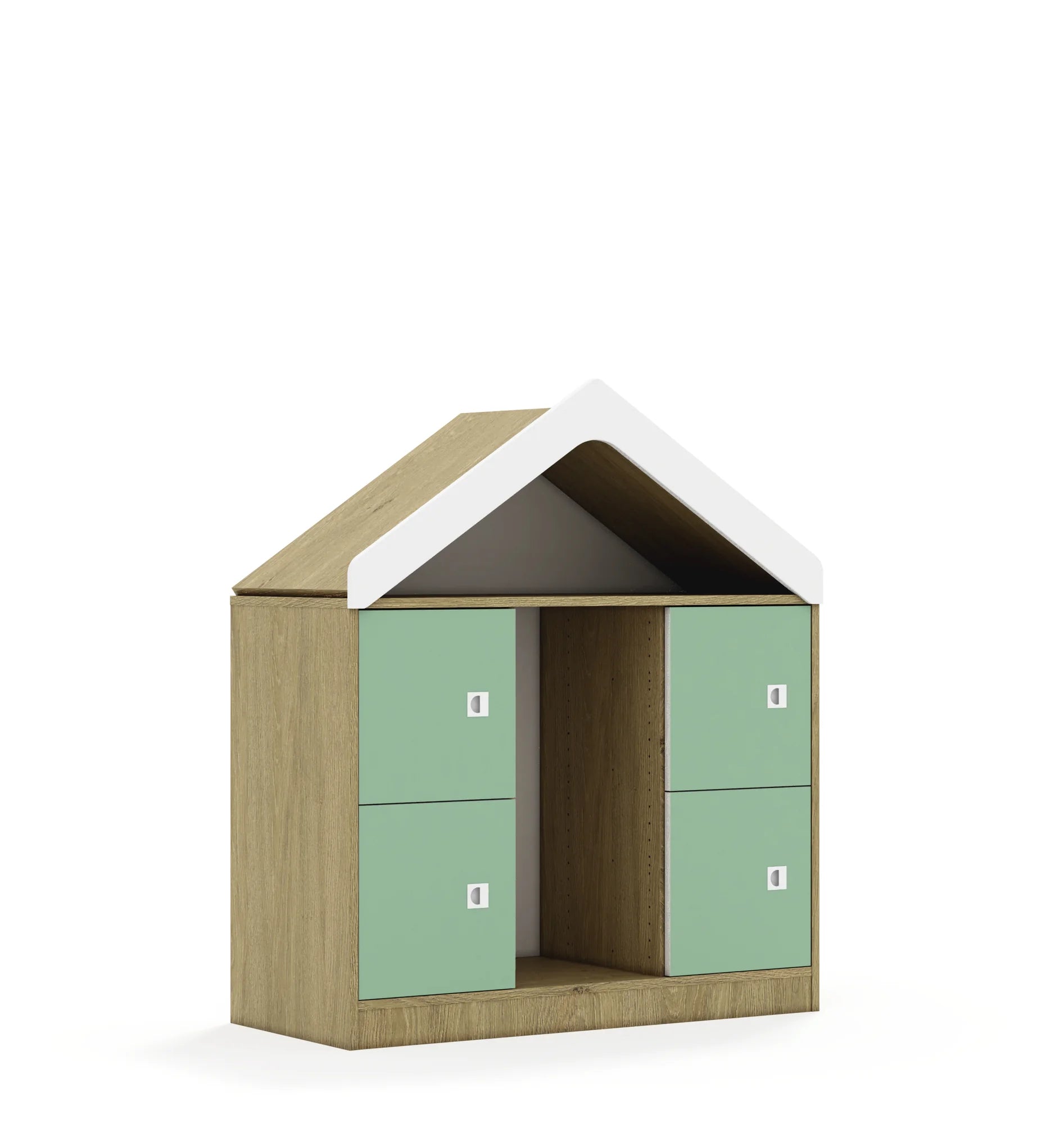 Regał na pojemniki BLOX 110 2PG 4F1 z daszkiem 1049x466x1223 – dąb / pastelowy zielony