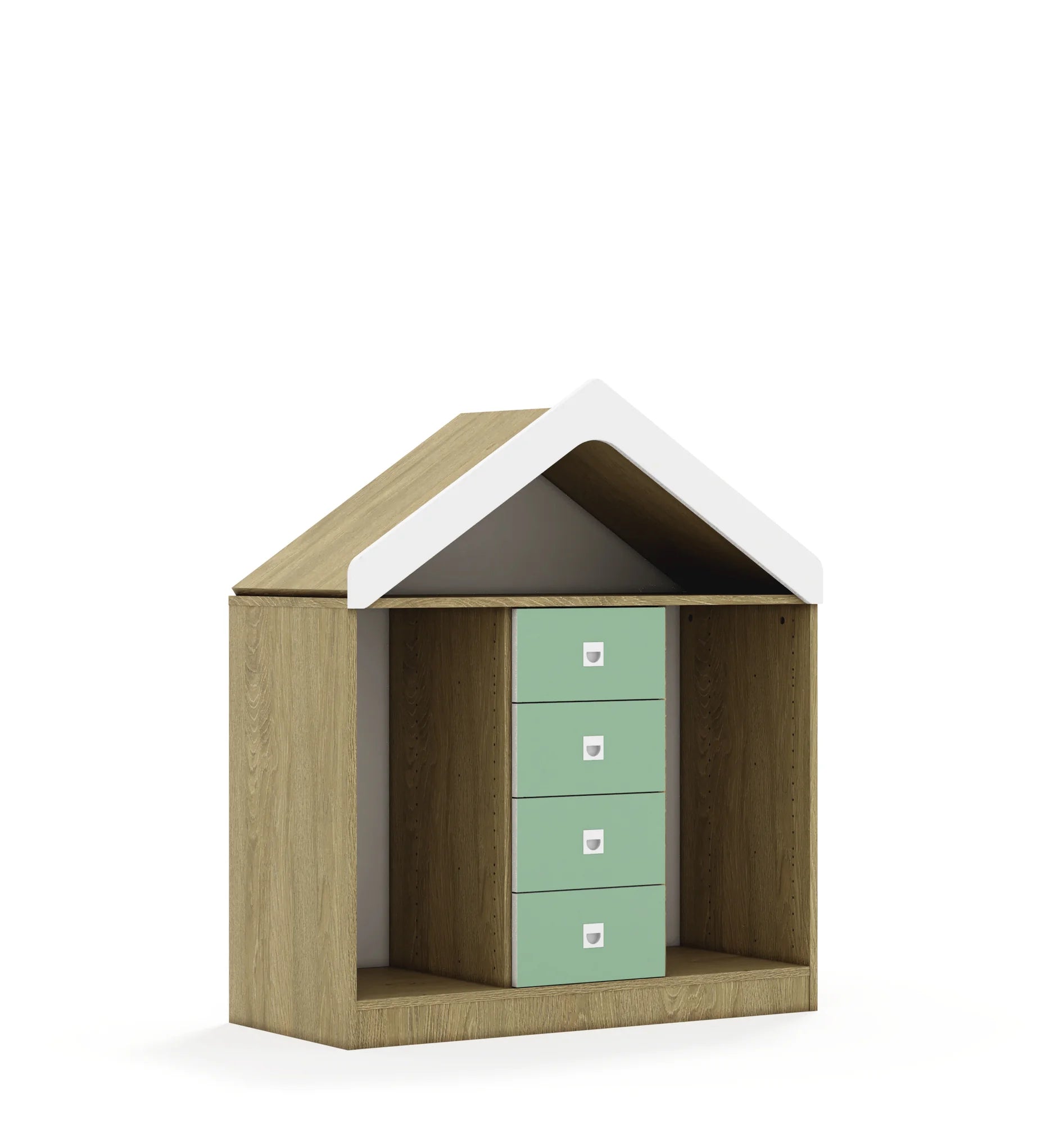 Regał na pojemniki BLOX 110 2PG 4SS z daszkiem 1049x466x1223 – dąb / pastelowy zielony