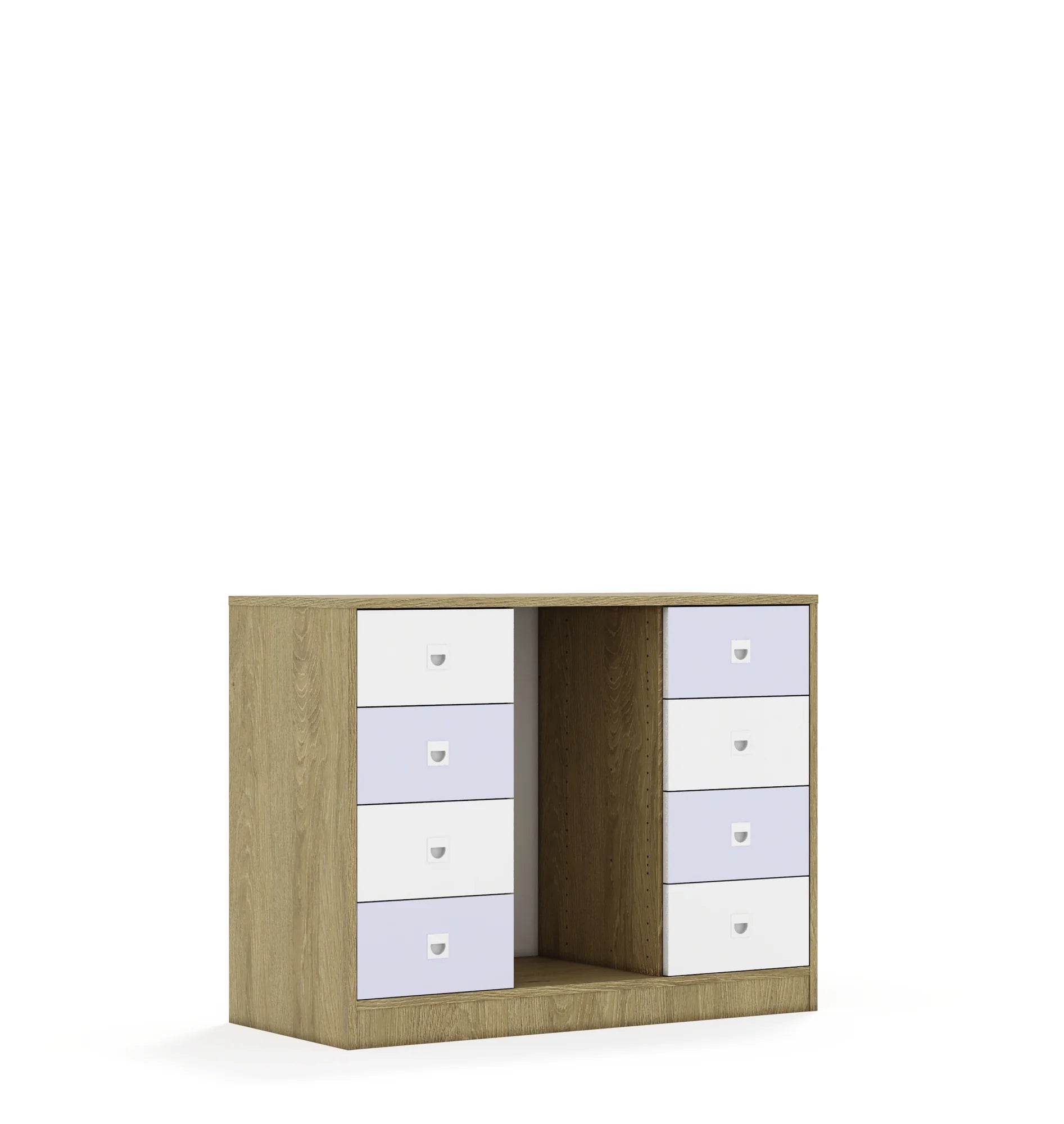 Regał na pojemniki BLOX 110 2PG 8SB 1049x466x813 – dąb / biały/pastelowy fioletowy