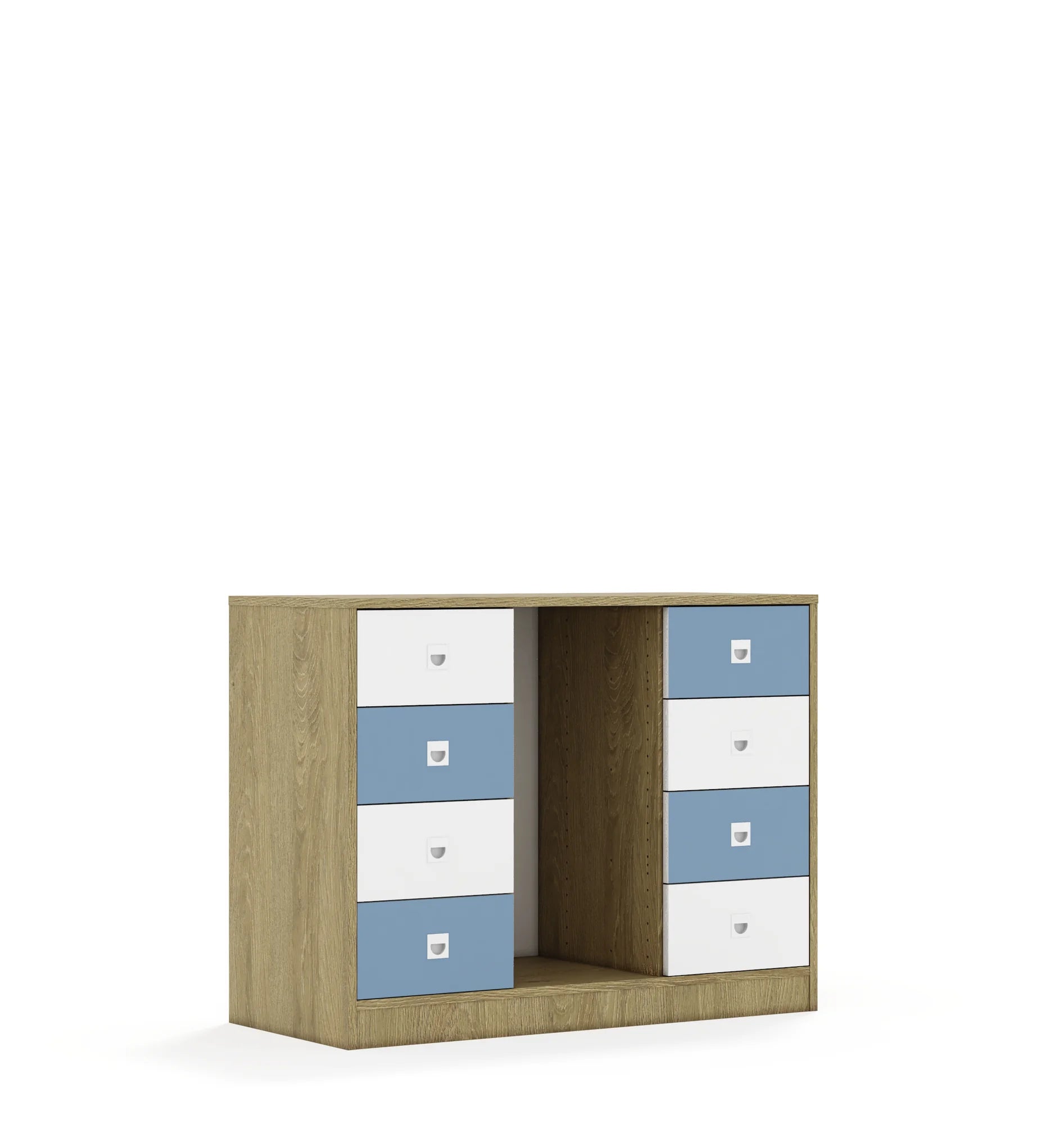 Regał na pojemniki BLOX 110 2PG 8SB 1049x466x813 – dąb / biały/pastelowy niebieski