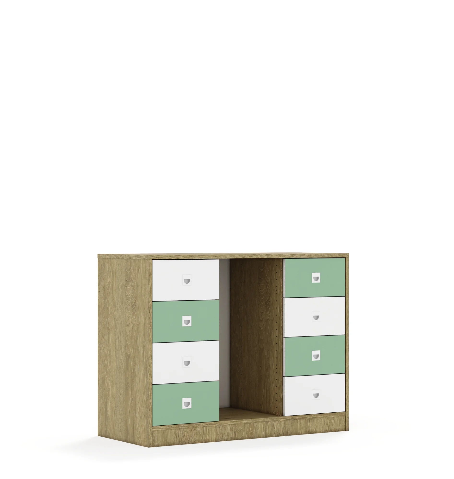 Regał na pojemniki BLOX 110 2PG 8SB 1049x466x813 – dąb / biały/pastelowy zielony