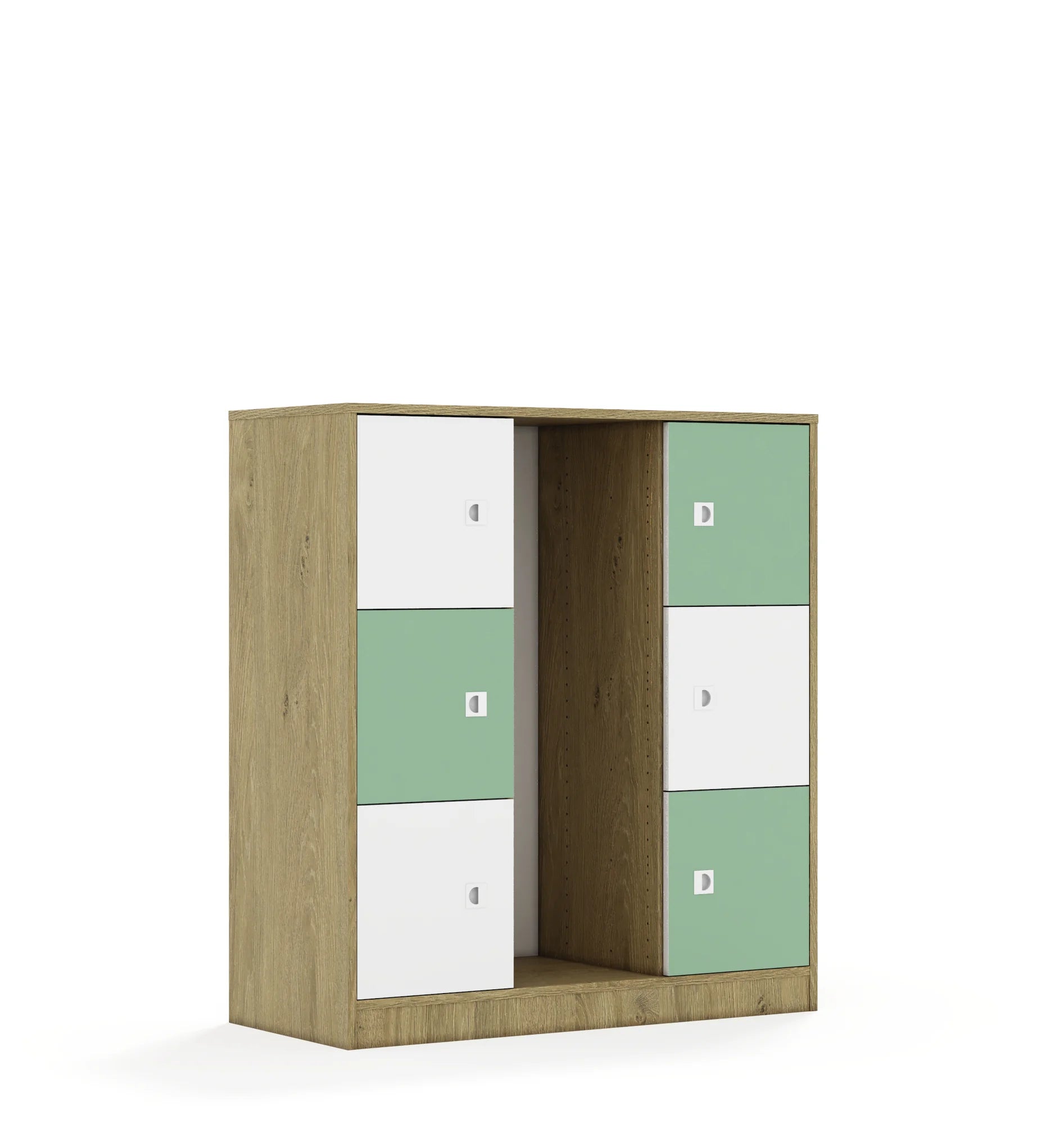 Regał na pojemniki BLOX 110 3PG 6F1 1049x466x1165 – dąb / biały/pastelowy zielony