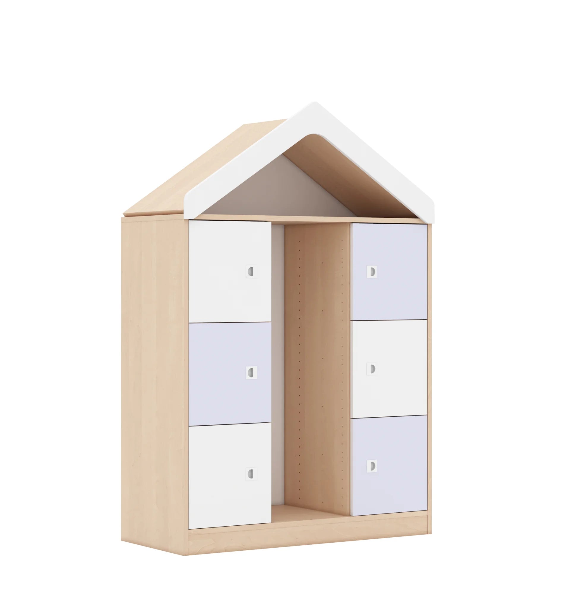 Regał na pojemniki BLOX 110 3PG 6F1 z daszkiem 1049x466x1575 – brzoza / biały/pastelowy fioletowy