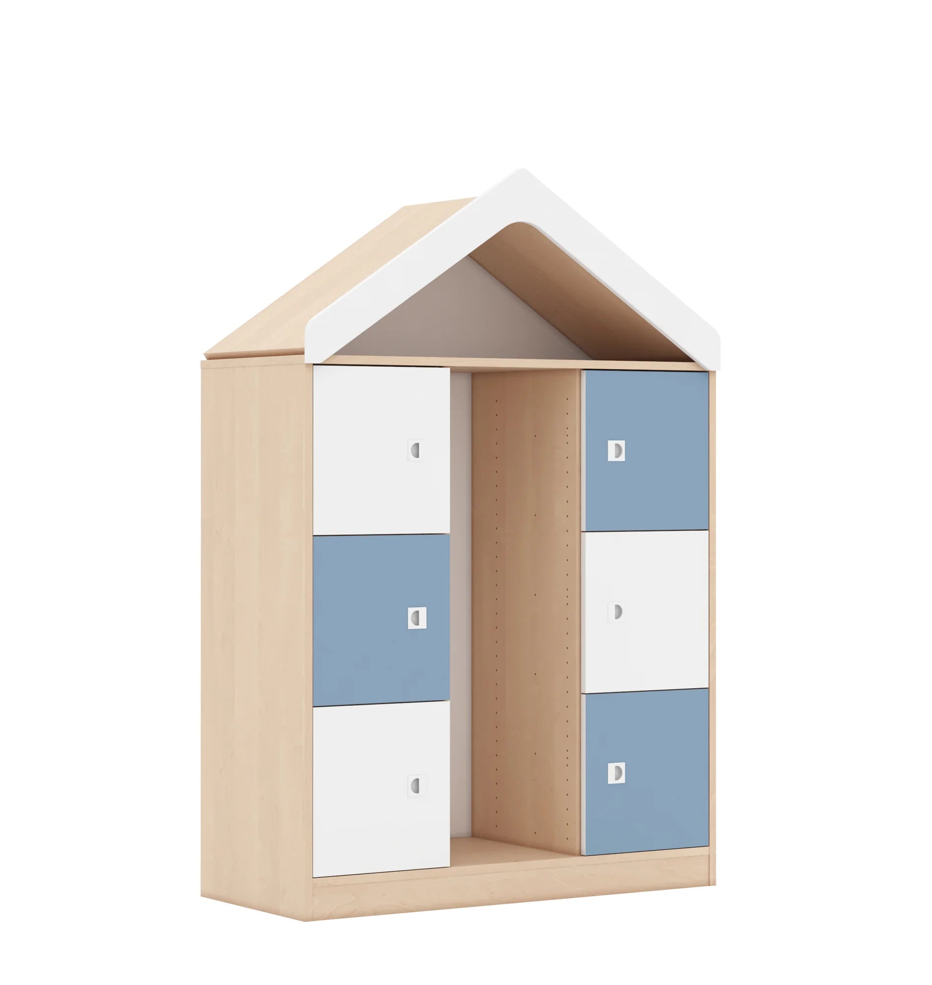 Regał na pojemniki BLOX 110 3PG 6F1 z daszkiem 1049x466x1575 – brzoza / biały/pastelowy niebieski