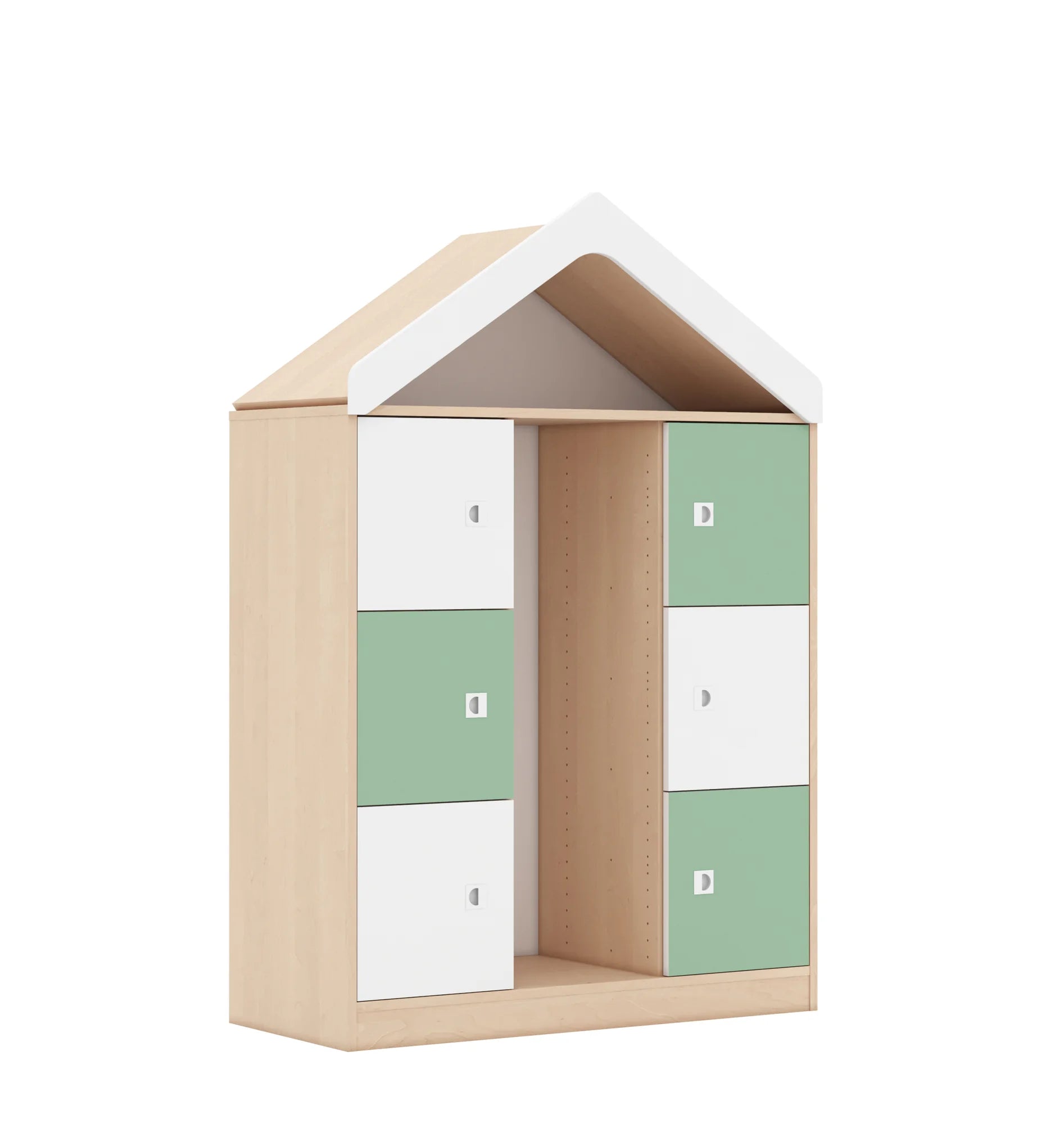 Regał na pojemniki BLOX 110 3PG 6F1 z daszkiem 1049x466x1575 – brzoza / biały/pastelowy zielony